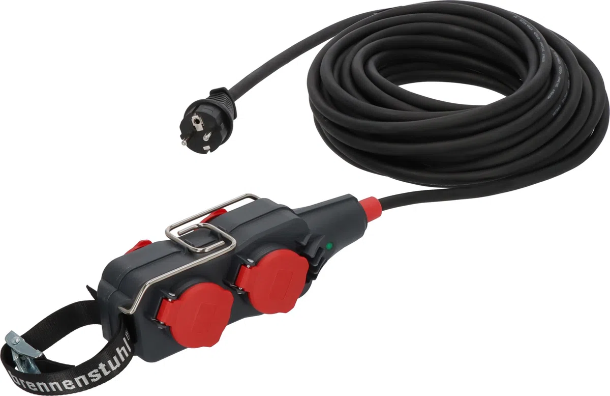 Brennenstuhl Professional listwa zasilająca z przedłużaczem – listwa zasilająca z 4 gniazdami, kabel 15 m w kolorze czarnym, zastosowanie na placu budowy i stałe zastosowanie na zewnątrz, IP54