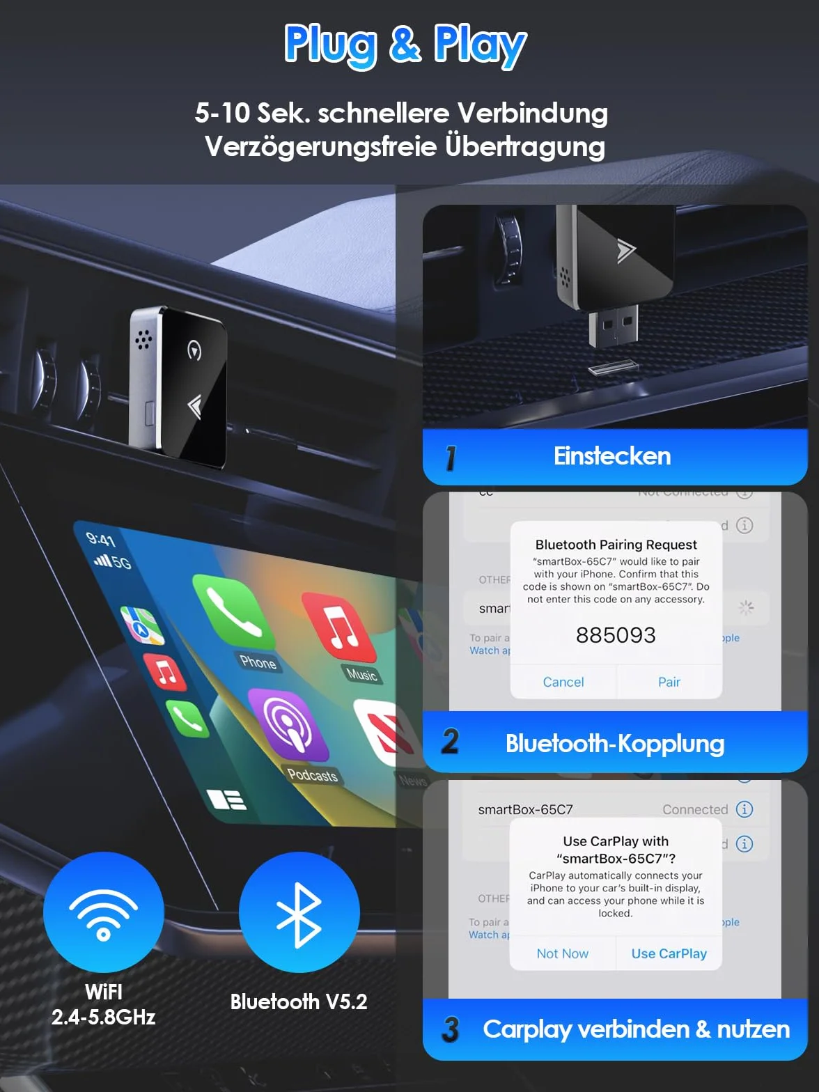 Adapter bezprzewodowy 2 w 1 do CarPlay/Android Auto, PARPAT konwersja z przewodowego na bezprzewodowy z USB/Type-C, stabilne połączenie i brak opóźnień, kompatybilny z iPhone/Android