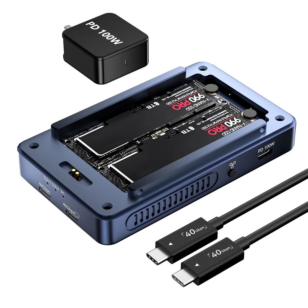 Dual-Bay 40 Gb/s Obudowa do dysku M.2 NVMe SSD z wentylatorem, 2 x USB C 40 Gb/s, kompatybilna z Thunderbolt 4/3, USB 4.0, oprogramowanie RAID do MacBooka/Mac Mini Dock, M1/M2/Windows (TBU405Pro MAX)