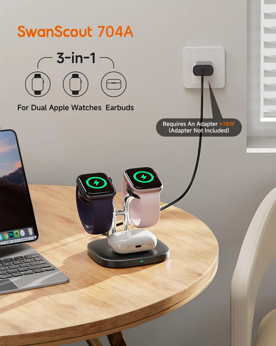 SwanScout Ładowarka Zegarków do Apple Watch, SwanScout 704A, 3.3W Szybko Podwójna Stacja Ładowania Zegarków Kompatybilna z Apple Watch Ultra 3/SE 3/Series 11/10/9/8, AirPods Pro(Bez Adaptera)