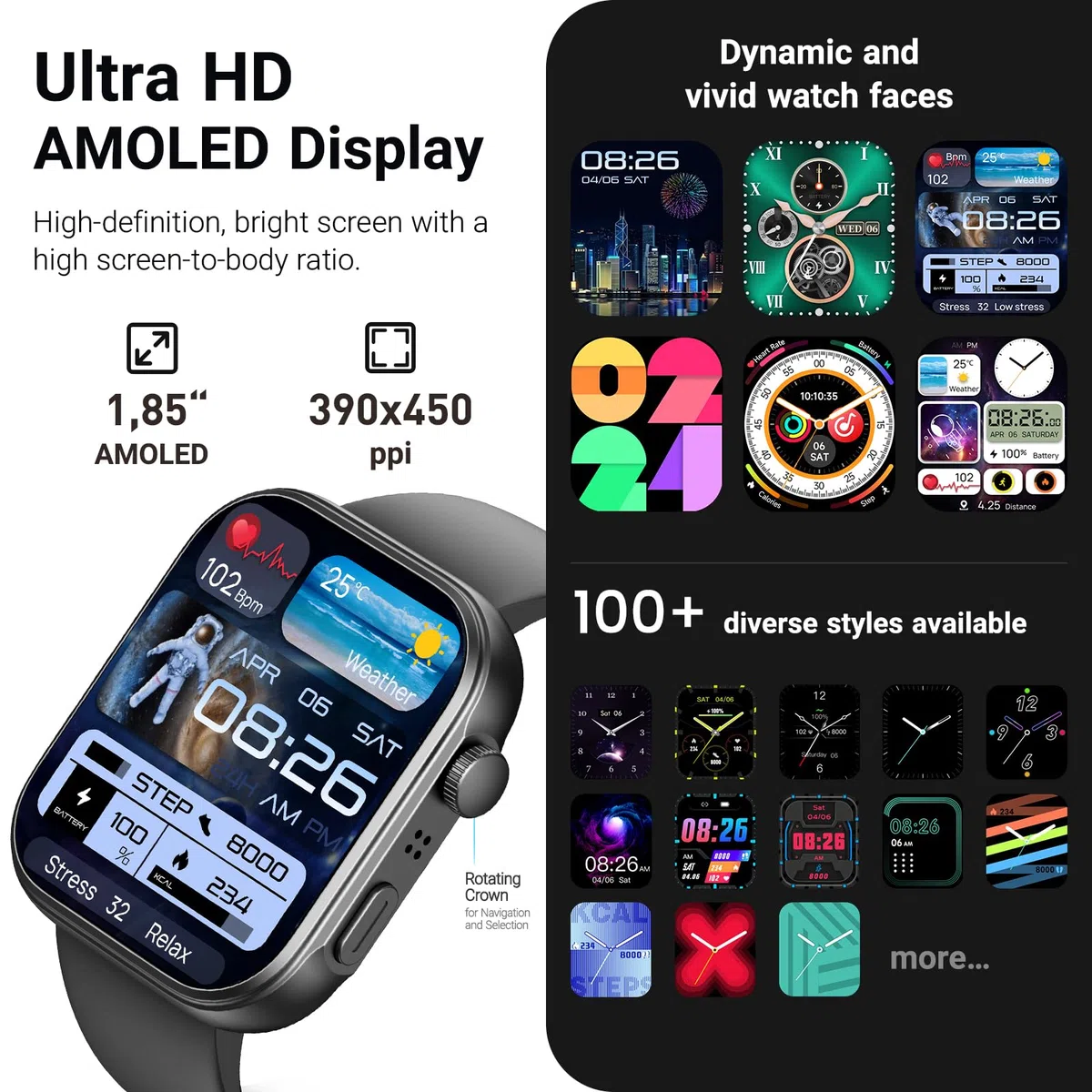 TOZO S6 Smartwatch 1.85” AMOLED Ultra-Clear Screen Dynamiczne tarcze zegarka Połączenia Bluetooth, ponad 100 trybów sportowych Zegarek fitness z monitorem tętna/snu/tlenu we krwi Wodoodporność IP68