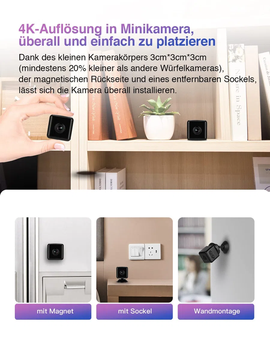 HiKam Mini kamera WLAN 4K HD, WiFi, mini kamera do nadzoru, transmisja na żywo, aplikacja na telefon komórkowy, niania elektroniczna, kamera do monitoringu zwierząt domowych, kamera do monitoringu