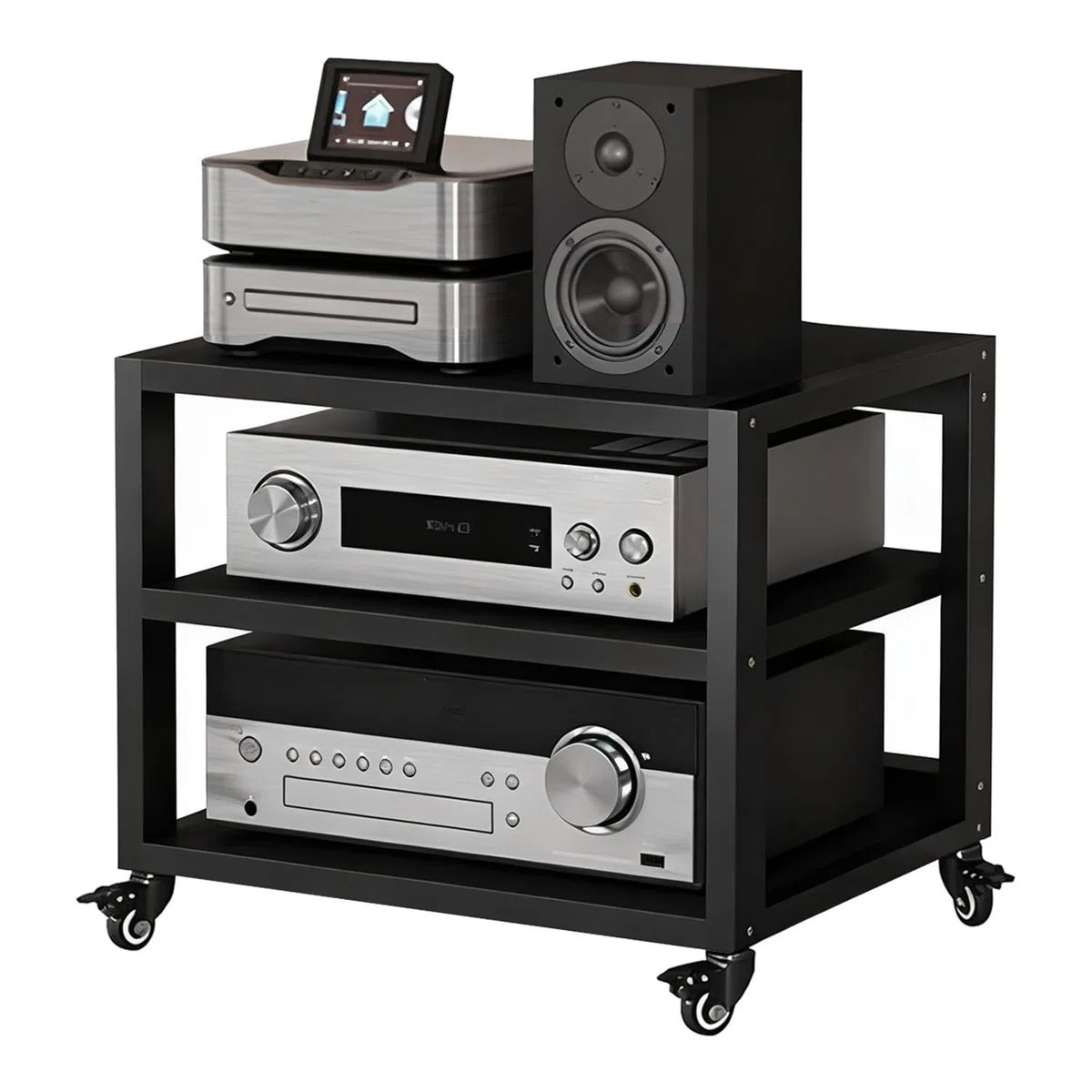 Stojak na sprzęt audio 2/3/4/5-poziomowy z kółkami, wytrzymały stojak na sprzęt audiowizualny, wzmacniacz HiFi, przechowywanie w domu gramofonu, sprzętu audio/wideo (czarny i brązowy, dł. 55 x sz