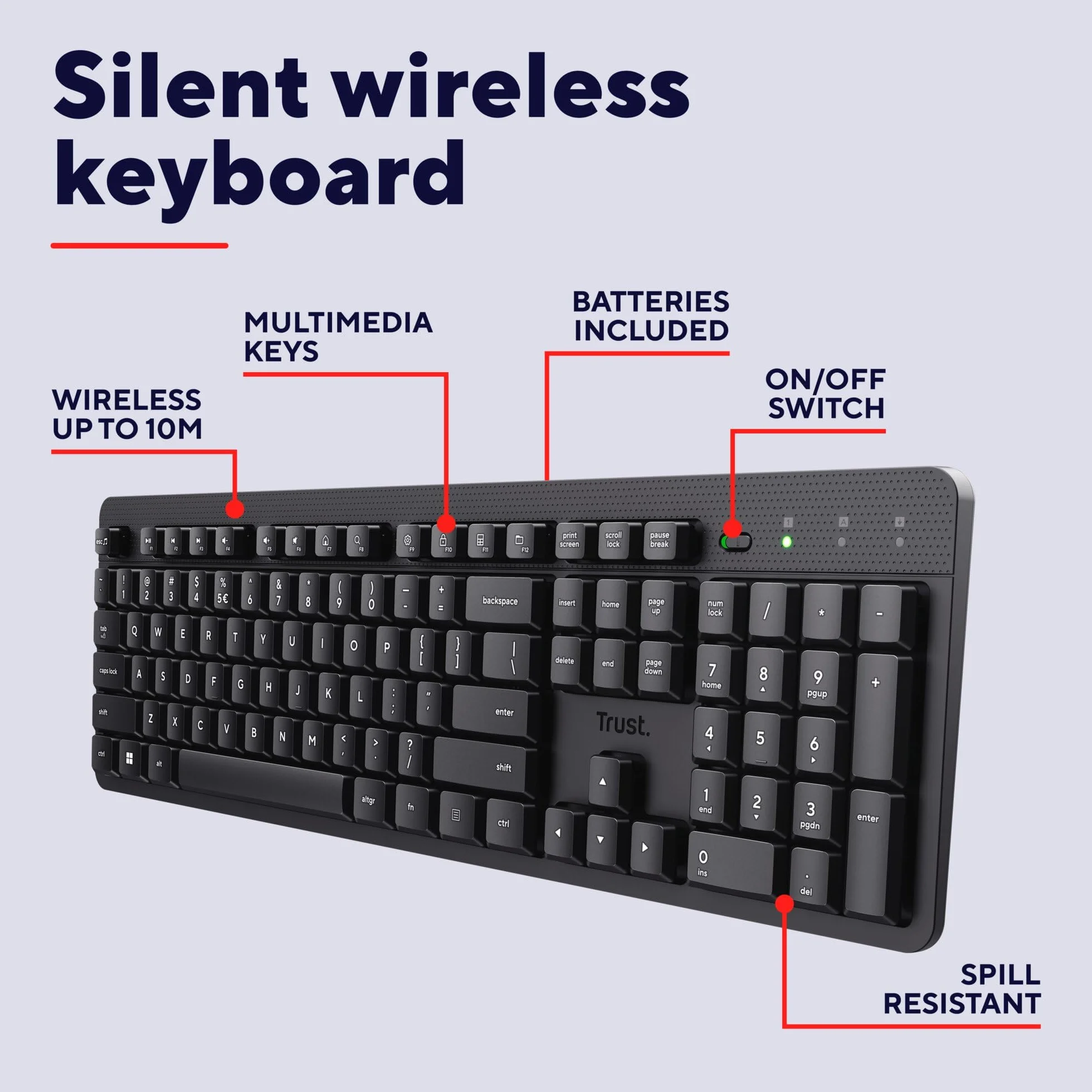 Trust Ody II Cicha klawiatura bezprzewodowa QWERTY układ US, unoszące się niskoprofilowe klawisze, odporne na zalanie, mikroodbiornik USB 2,4 GHz, pełnowymiarowa bezprzewodowa klawiatura do PC,