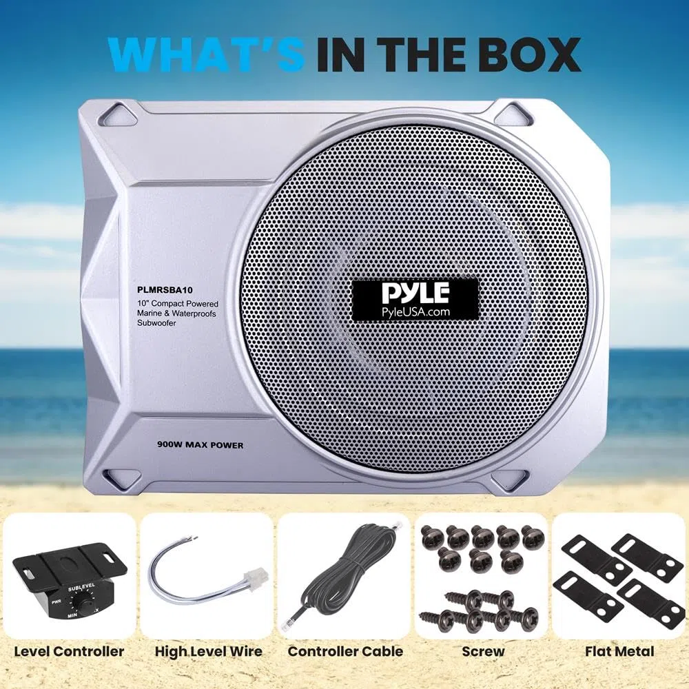 Pyle 10-calowy niskoprofilowy wzmacniany system subwoofera - 900 W Kompaktowy, zamknięty aktywny morski subwoofer samochodowy z wbudowanym wzmacniaczem, zasilany subwoofer samochodowy z wejściami