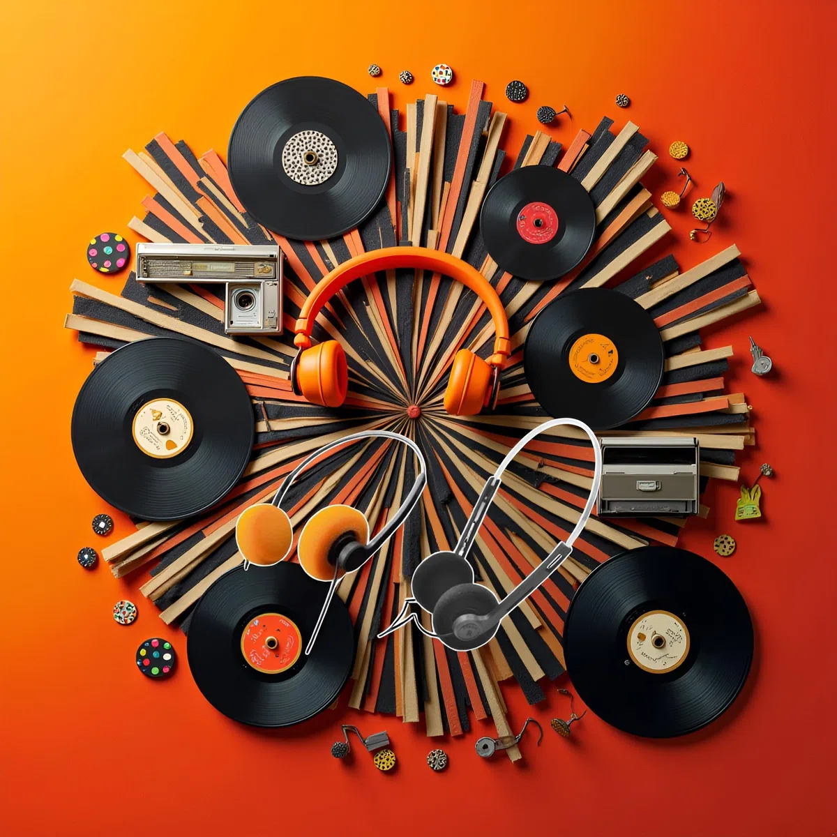 2 szt. retro słuchawki douszne, przewodowe słuchawki stereo, słuchawki, lekkie przenośne słuchawki z regulowaną opaską na głowę, magnetofonem, nauszne (pomarańczowe i czarne)