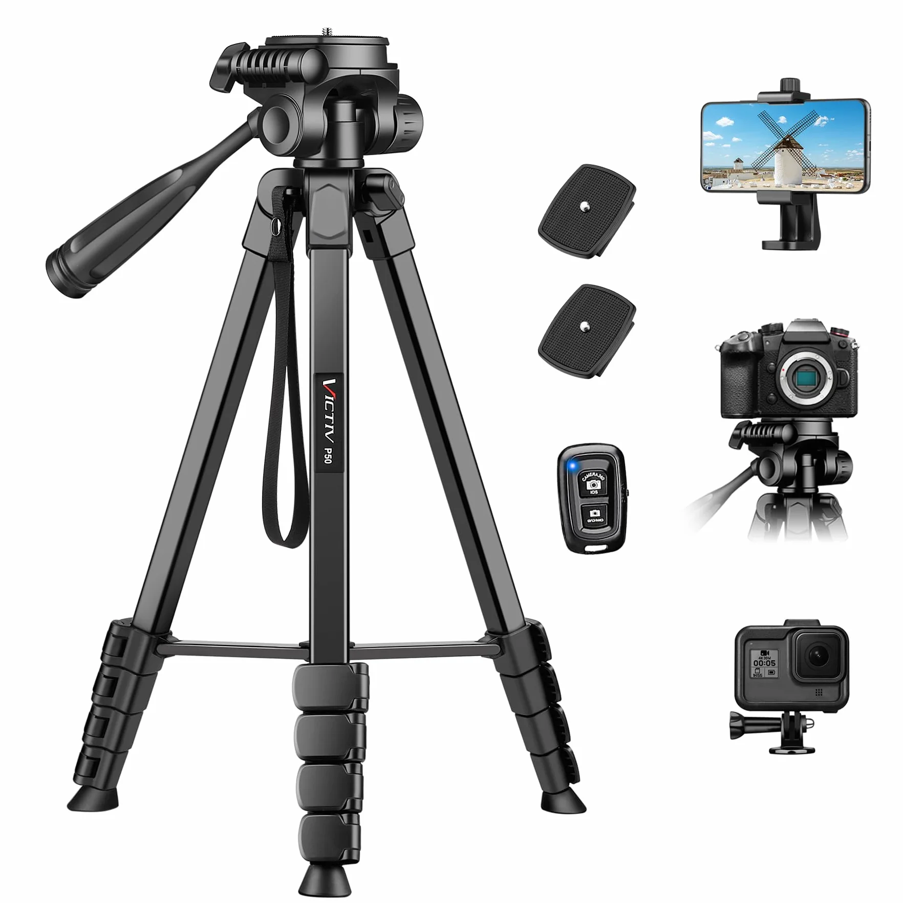 Victiv Statyw do aparatu Canon Nikon Sony, 172 cm, przenośny aluminiowy statyw do aparatu z odłączaną głowicą 3-kierunkową, lekki statyw podróżny do lustrzanki cyfrowej