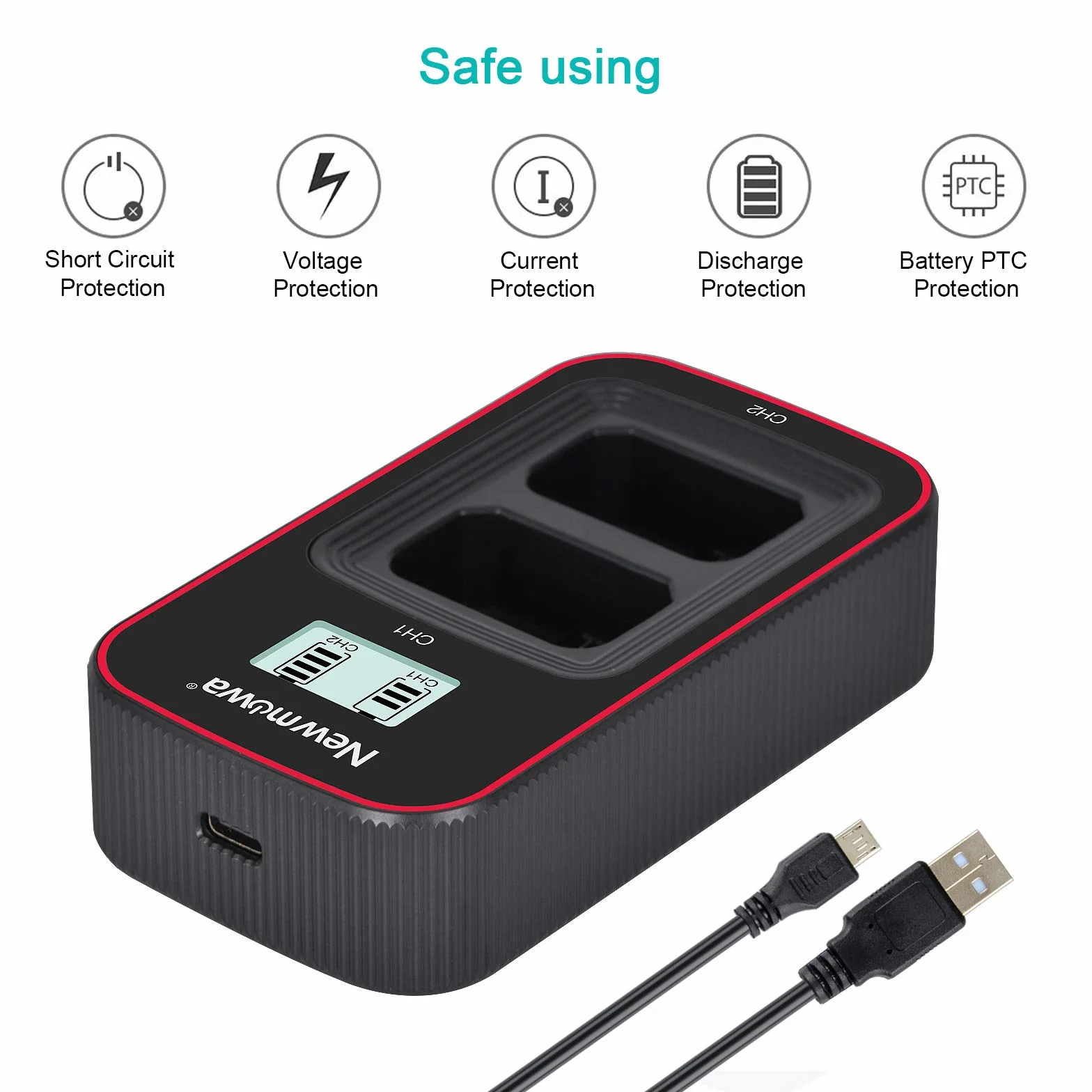 Newmowa NP-FW50 zapasowa bateria (2 sztuki) i inteligentna ładowarka USB z wyświetlaczem LCD do NP-FW50 i Sony ZV-E10, a6000, a6100, a6300, Alpha a3000, Alpha a5000, DSC-RX10, RX10 IV