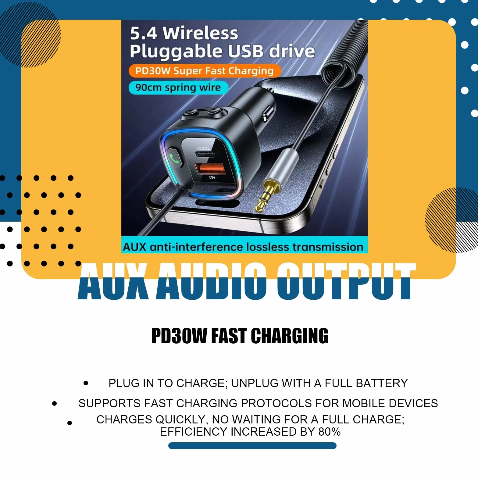 Aux Bluetooth 5.4 adapter do samochodu, odbiornik Bluetooth z wtyczką jack 3,5 mm do rozmów telefonicznych i bezprzewodowej muzyki, ładowarka samochodowa USB C z szybkim ładowaniem PD 30 W i QC 12 W