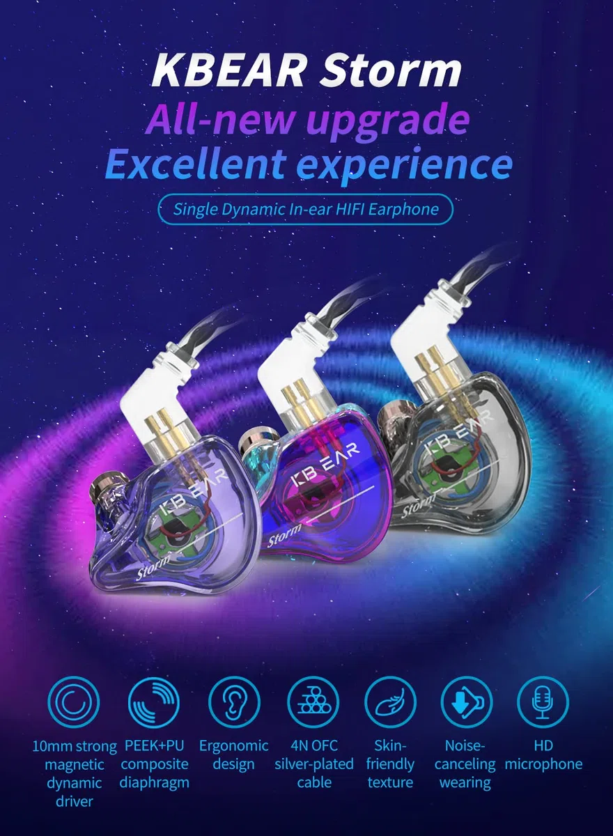 Yinyoo KBEAR Storm Earphones Słuchawki z 1DD, Kbear Wired in Ear Earbuds HiFi Deep Bass Clear Sound Over Ear Headset with Detachable Cable for Musicians Singer (Transparent black, No mic)
