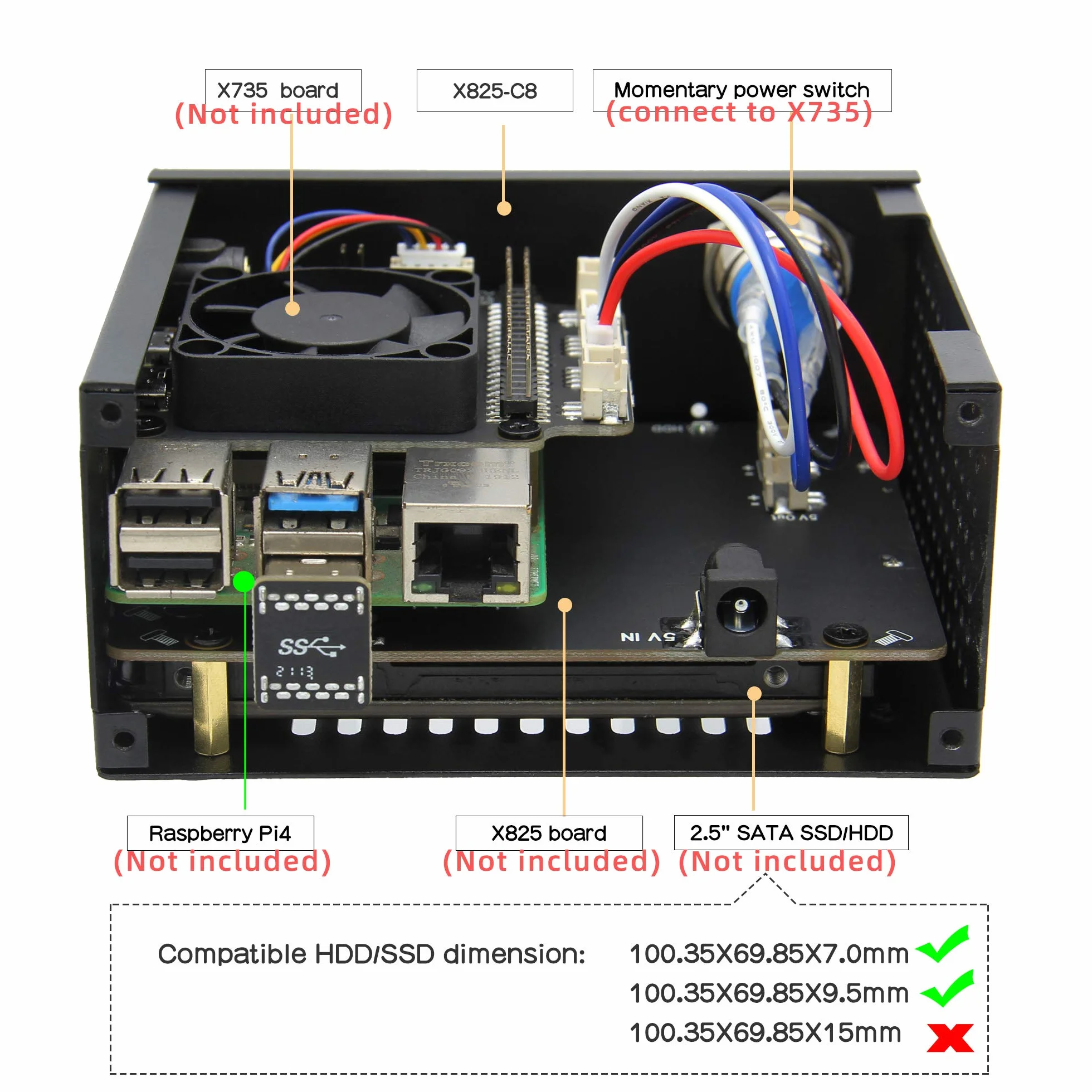 Geekworm X825-C8 Case, Only Support X825 V2.0 2.5 Inch SATA SSD/HDD Shield & Raspberry Pi 4 & X735 (Raspberry Pi / X825 / X735 Not Included)