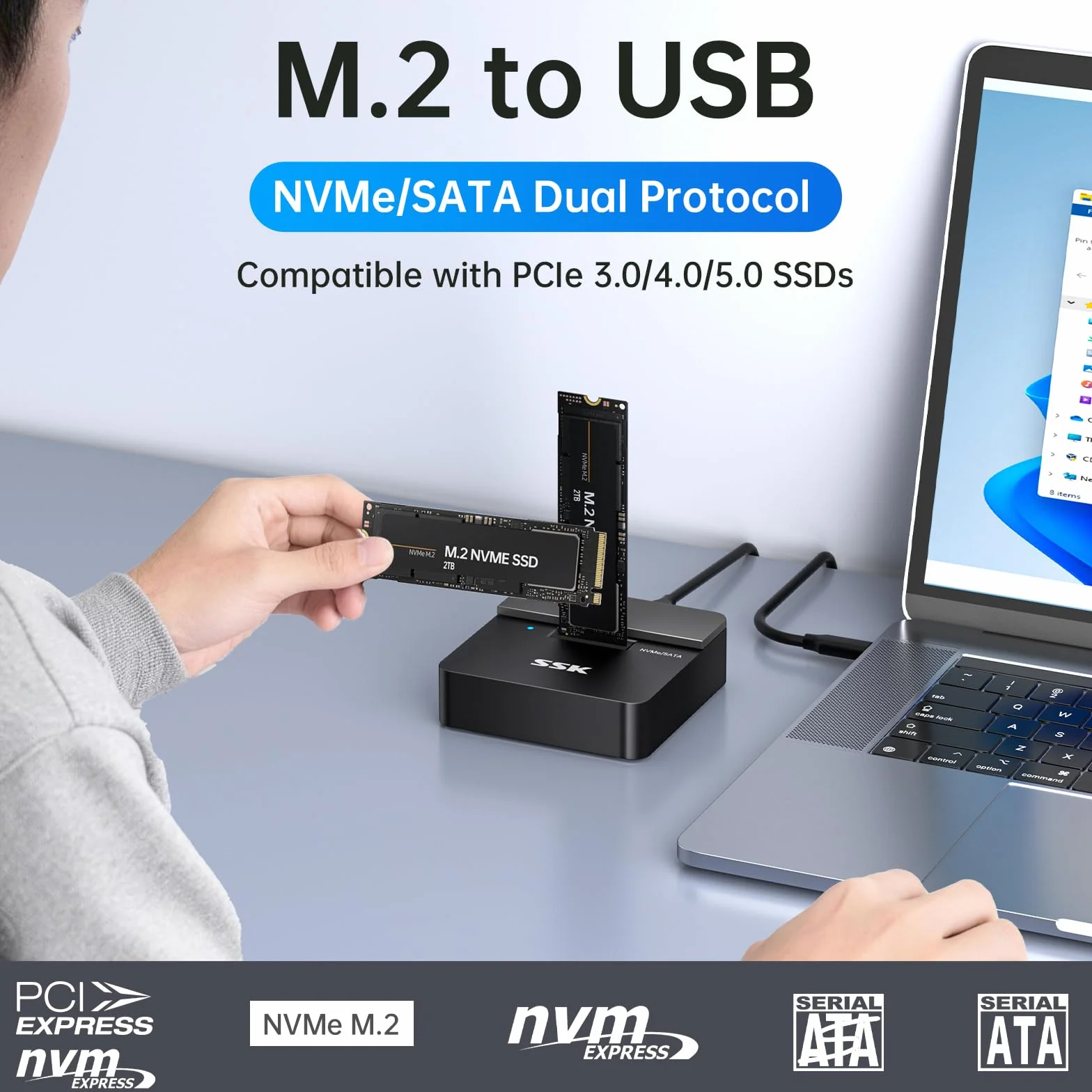 SSK Adapter M.2 NVMe i SATA SSD na USB, stacja dokująca M.2 10 Gb/s, obudowa SSD USB 3.2 Gen 2, czytnik M.2 do dysku SSD M/B+M w rozmiarze 22110/2230/2242/2260/2280