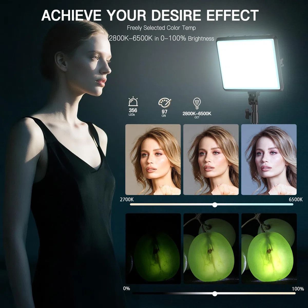 Zestaw 2 lamp wideo LED, NiceVeedi Studio Light, 2800-6500 K, ściemniany zestaw oświetlenia fotograficznego, ze statywem i uchwytem na telefon, strumień świetlny 185.4 cm do nagrywania wideo