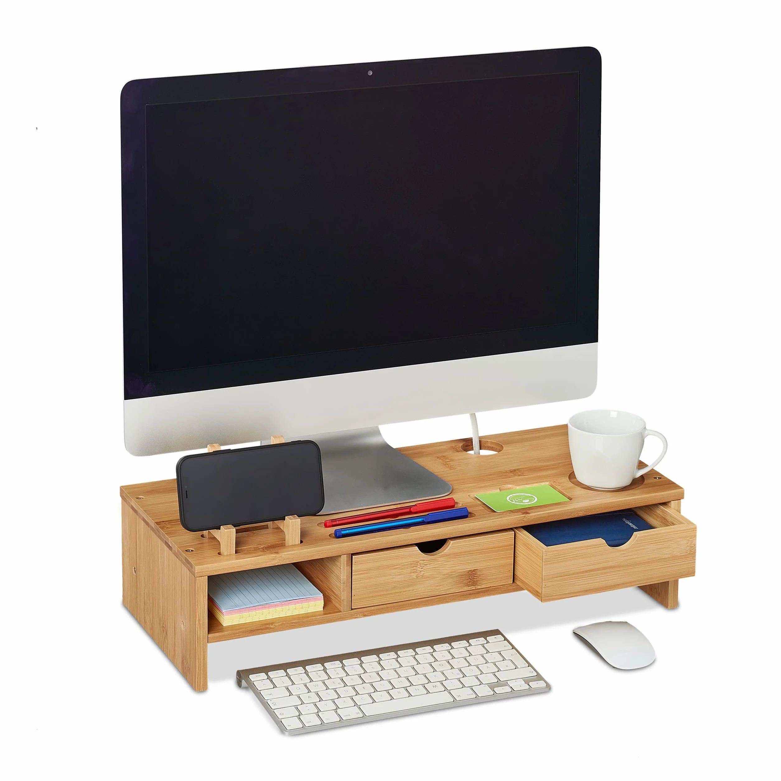 Relaxdays Stojak na monitor, z bambusa, półka, 2 szuflady, podwyższenie do monitora, laptopa, wys. x szer. x gł.: 13 x 54 x 23 cm, naturalny