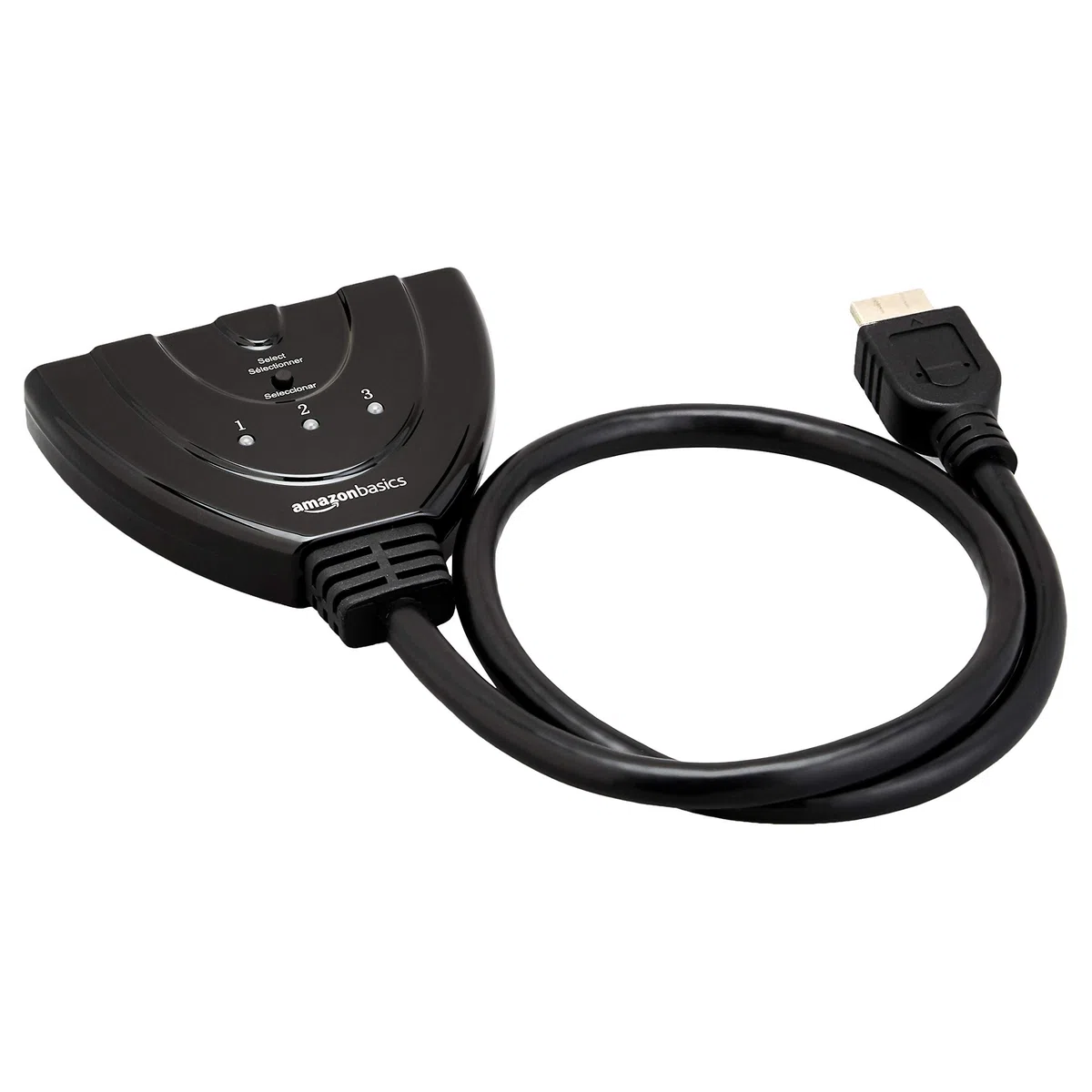 Amazon Basics Przełącznik HDMI z 3 portami i kablem pigtail, obsługuje Full HD, 4K/30 Hz, 3 in 1 out