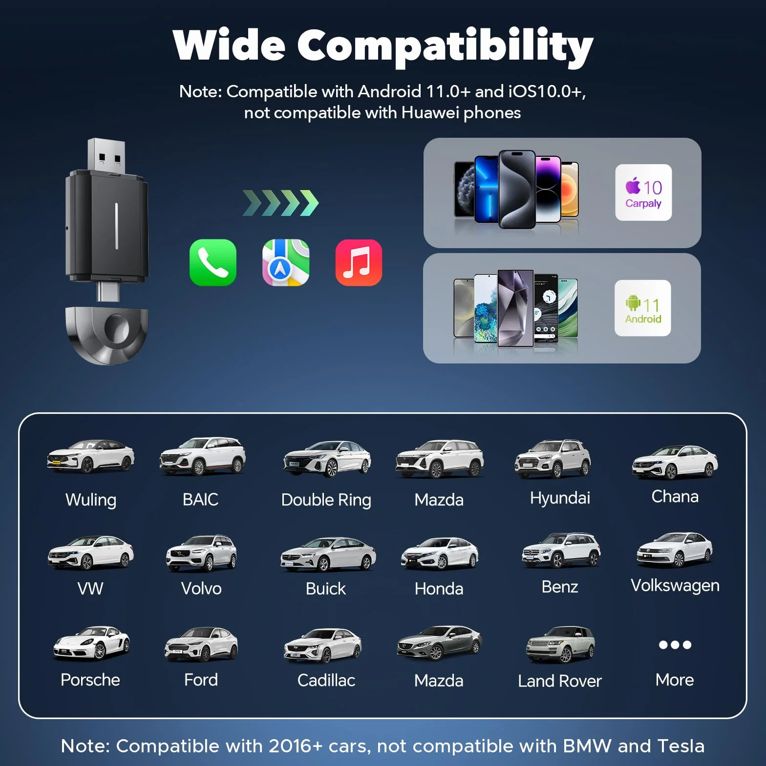 LAMTTO 2-w-1 bezprzewodowy adapter CarPlay, mały bezprzewodowy adapter Carplay i Android Auto z USB-C/A, Plug & Play, stabilne połączenie, działa bez opóźnień dla iOS 10+/Android 11+ i samochodów od