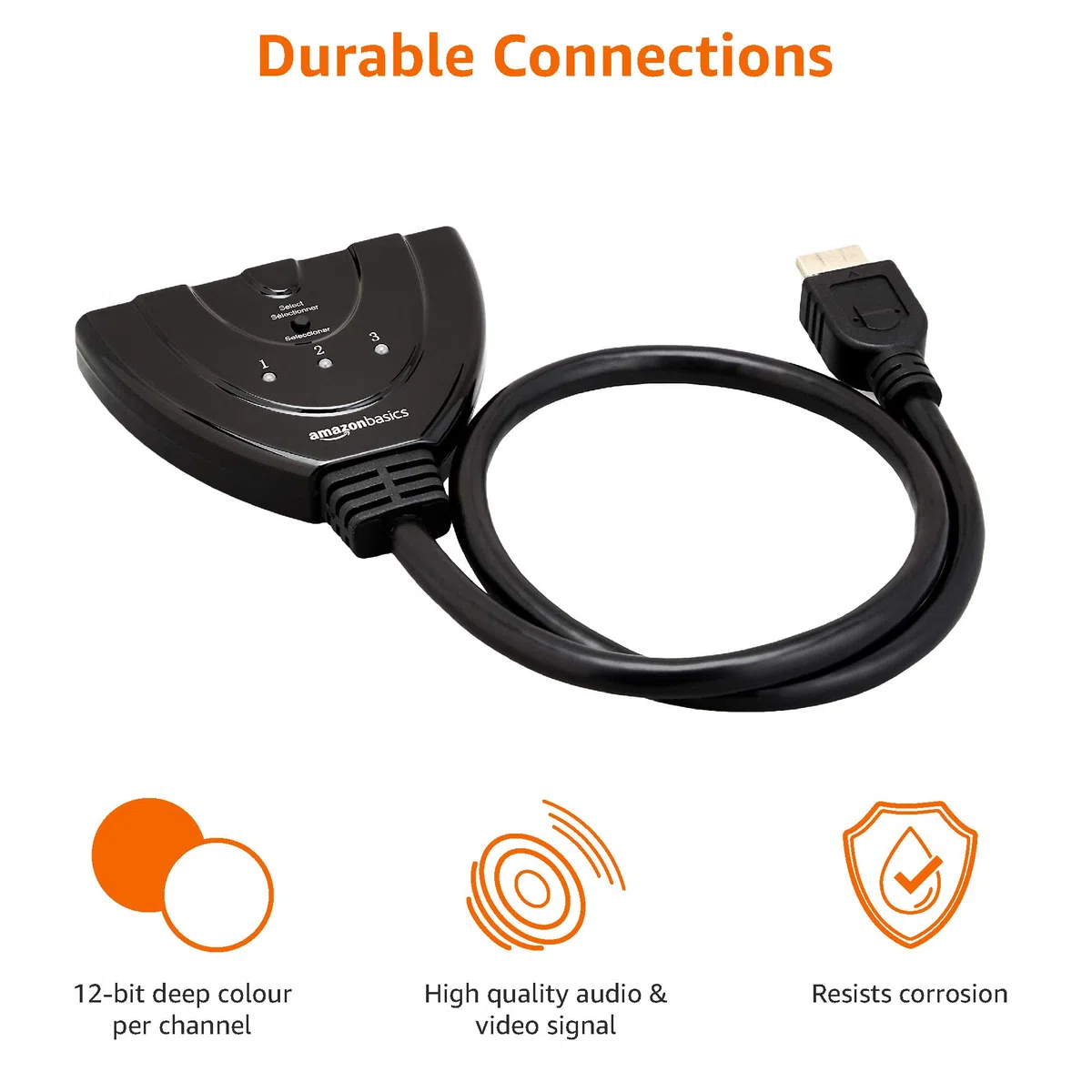 Amazon Basics Przełącznik HDMI z 3 portami i kablem pigtail, obsługuje Full HD, 4K/30 Hz, 3 in 1 out