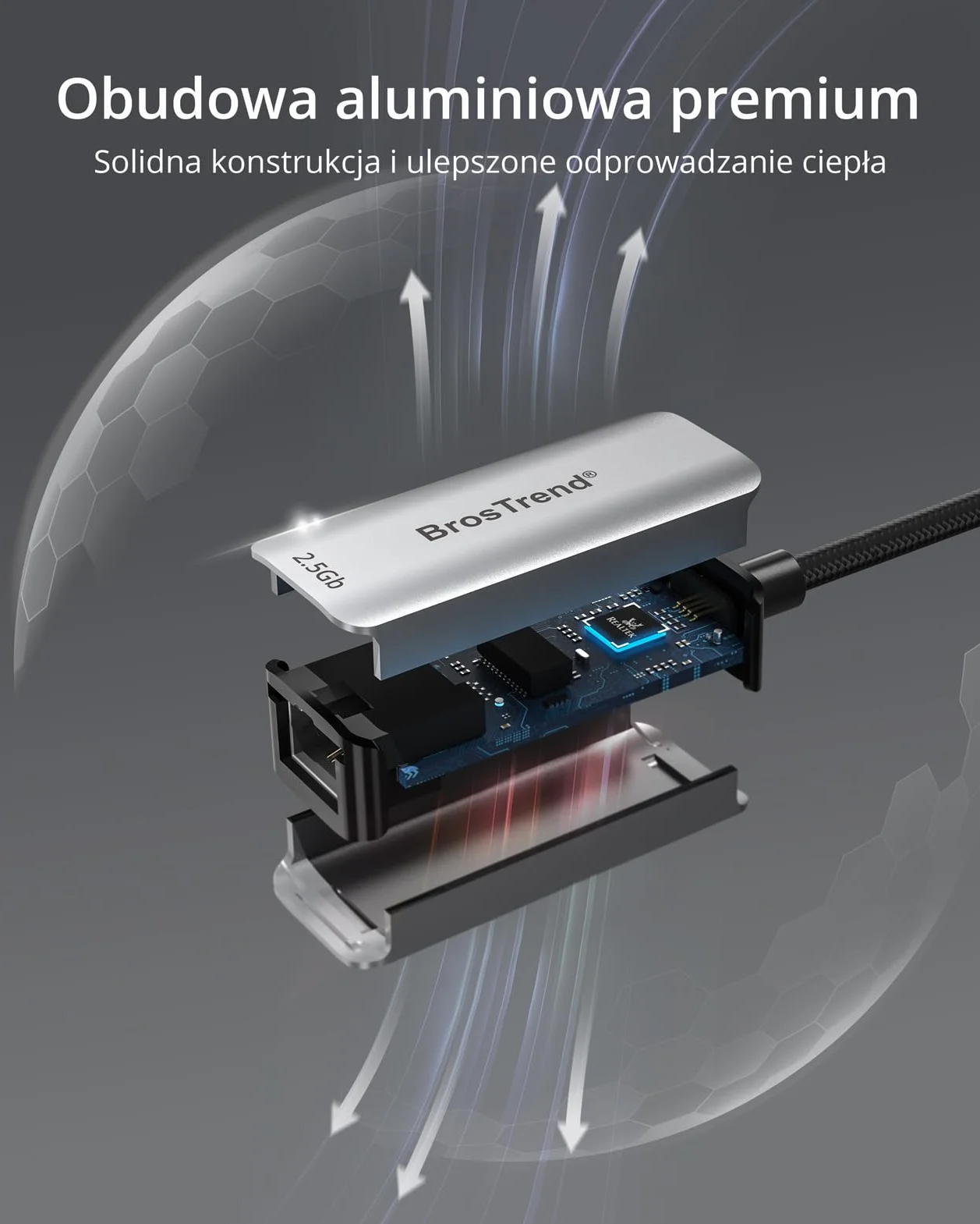 BrosTrend Adapter USB-C do Ethernetu 2,5 Gigabit, 2,5 Gb USB do RJ45 do laptopa, komputera, MacBooka, adapter sieciowy typu C do iOS, ChromeOS, Windows 11/10, Linux, dożywotnia ochrona