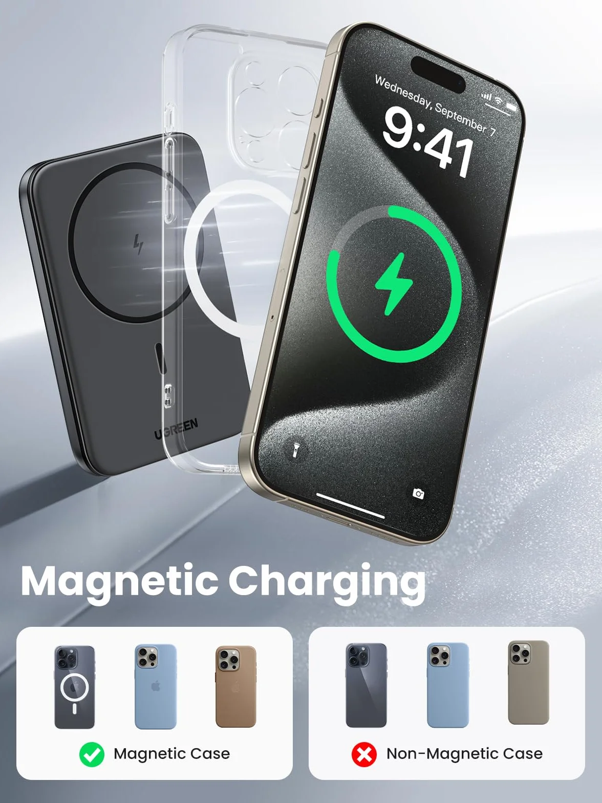 UGREEN Wireless Powerbank 5000mAh Magnetic Power Bank Small z funkcją szybkiego ładowania USB-C, bezprzewodowa bateria zewnętrzna MagSafe kompatybilna z iPhone 17 Pro Max/16 Pro/15/14/13/12（czarny）