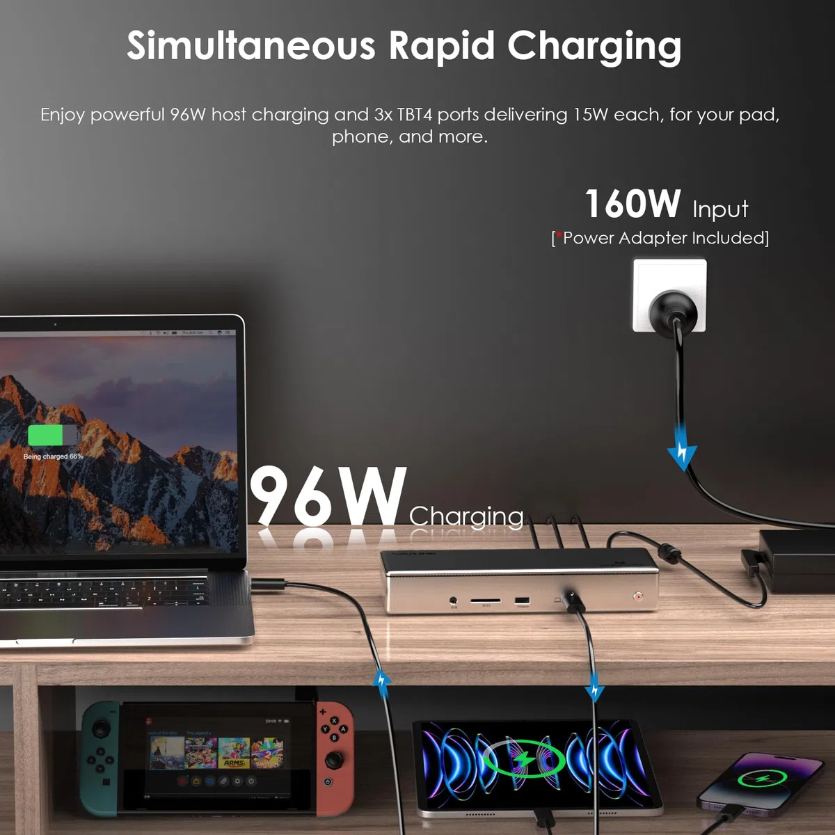 WAVLINK Thunderbolt 4 stacja dokująca 15 w 1, 98 W PD, pojedyncza stacja dokująca 8K/Quad 4K z 2 DP/2 HDMI, 4 portami Thunderbolt 4, 4 x USB A, 2.5 GbE, SD, Audio/Mic, kompatybilna z MacBook Pro/Air