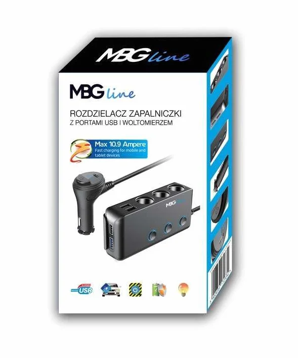 Ładowarka USB multiport| Rozdzielacz gniazda zapalniczki samochodowej HC67C 120W | 3 Gniazda 12V z włącznikami i woltomierzem, Adapter do pojazdów