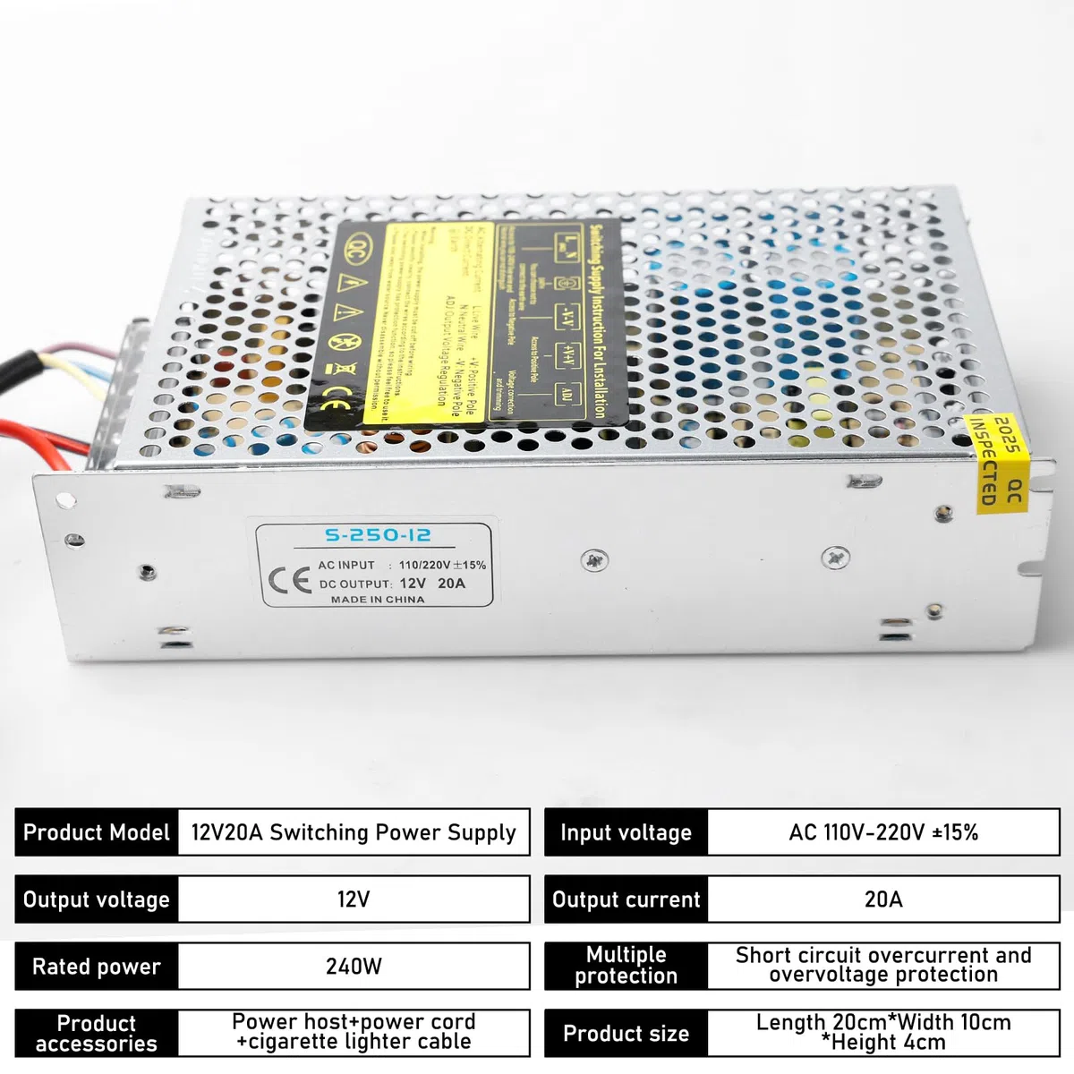 Zasilacz impulsowy 12 V, 20 A, 240 W, adapter sieciowy do samochodu, transformator napięcia AC 240 V na DC 12 V, zasilacz sieciowy, odpowiedni do taśm LED, CCTV, radia, aparatów, instrumentów