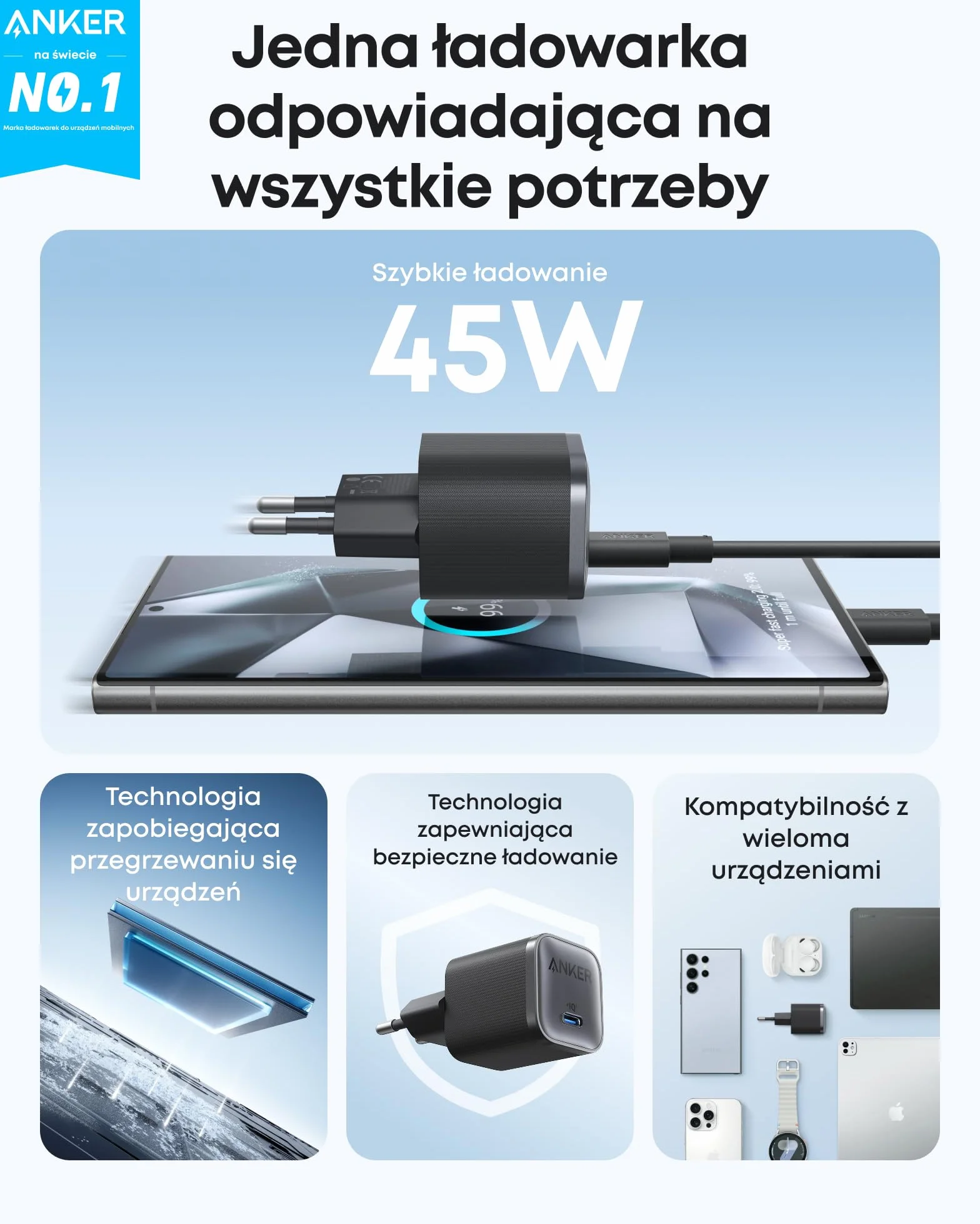 Szybka ładowarka USB-C Anker Nano 45 W, kompaktowa ładowarka USB typu C do urządzeń, takich jak Samsung Galaxy S25 Ultra/S24 Series, iPhone 17, MacBook, iPad (w zestawie kabel o długości 1,8 m)