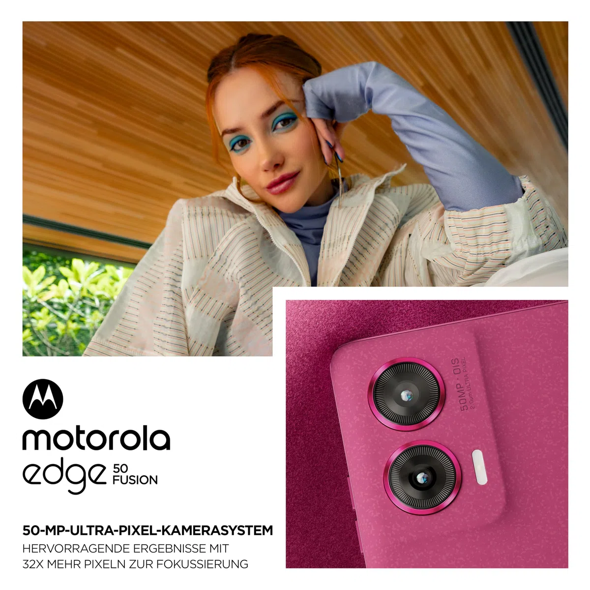 Motorola Moto Edge50 Fusion smartfon (6,7''-FHD+-pOLED-wyświetlacz, aparat 50 MP, 8/256 GB, 5000 mAh, w zestawie 68W ładowarka, Android 14) Hot Pink, w zestawie osłona ochronna+uchwyt na telefon
