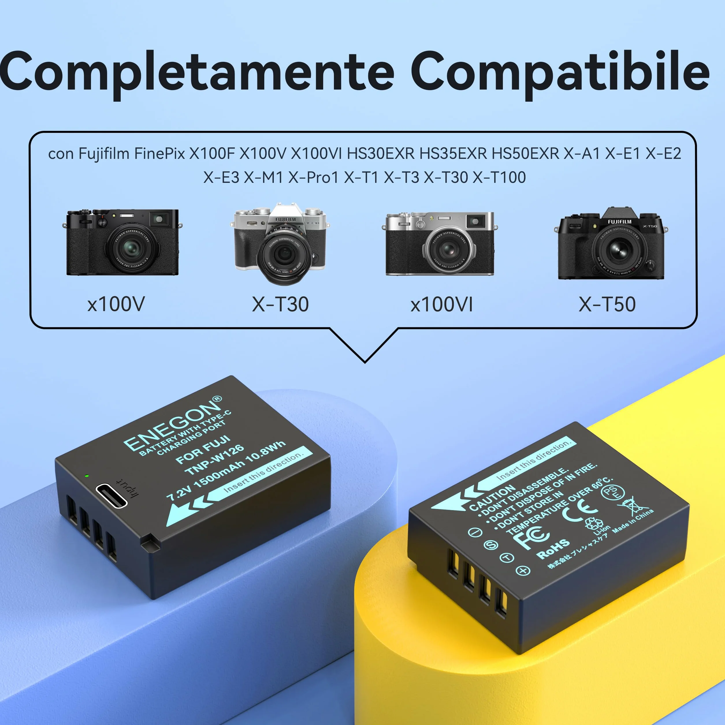 ENEGON NP-W126/W126S USB-C akumulator zastępczy 1500 mAh 2-pak do Fujifilm FinePix HS30EXR HS35EXR HS50EXR X-A1/E1/E2/E3/M1/Pro1/T1/T1 1/T3