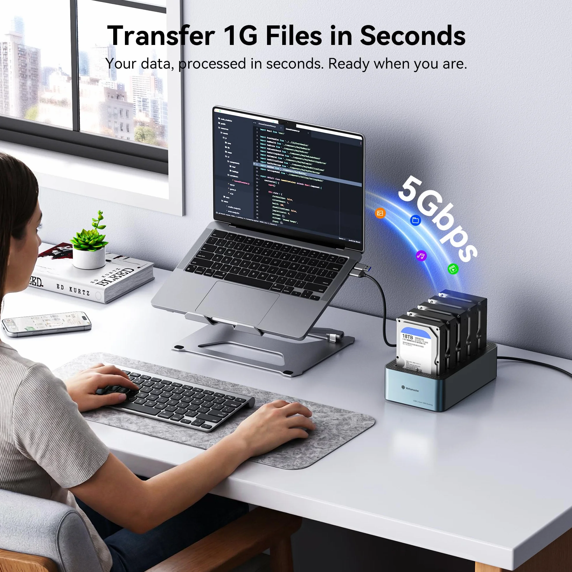 Yottamaster 5 Bay Aluminiowa stacja dokująca do 2,5/3,5 cala SATA SSD HDD USB 3.2 Gen1 12V 6.5A obsługa 18 TB