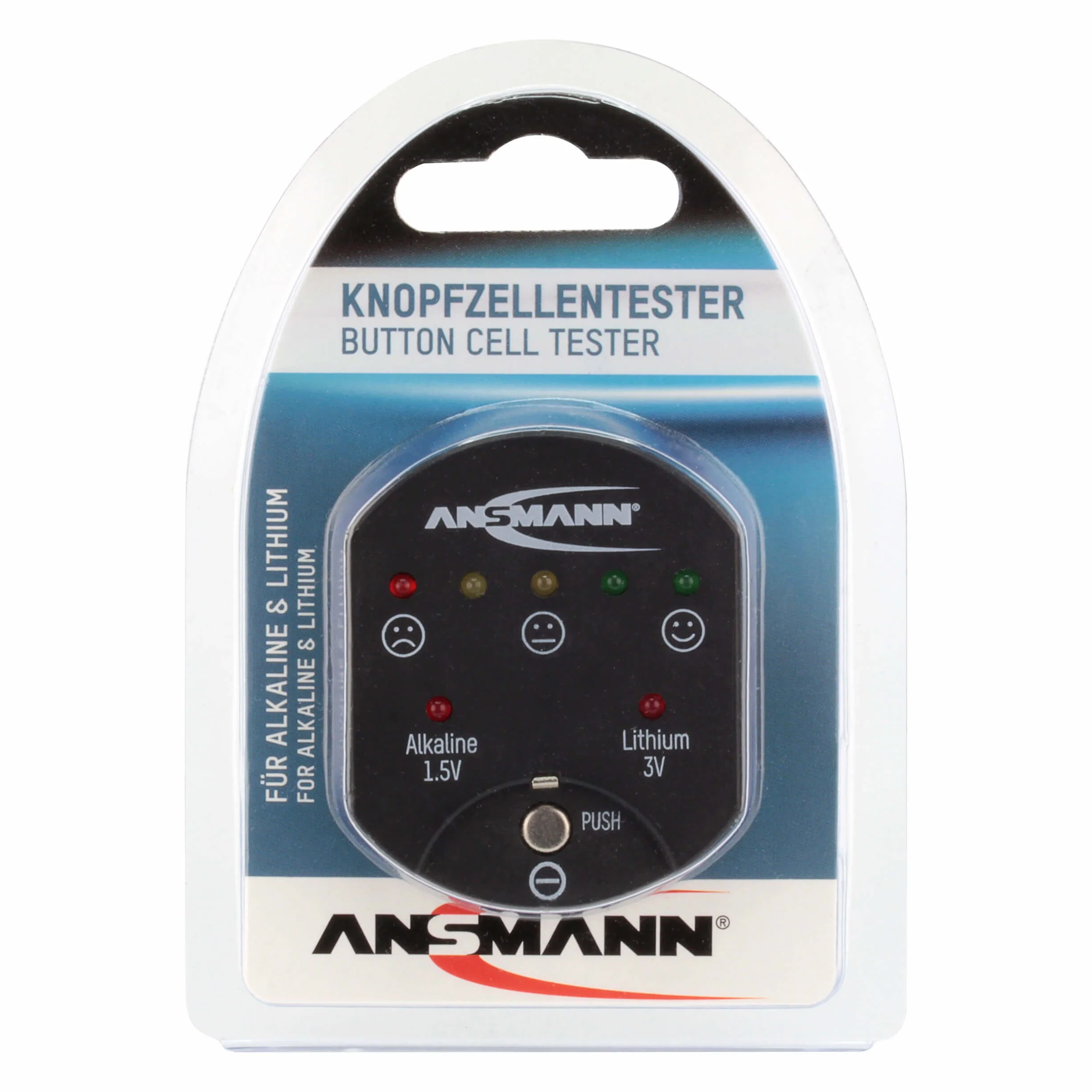 Ansmann 1900-0035 przyciskowy tester baterii z wyświetlaczem LED [opakowanie 1 szt.] Kontroler stanu baterii monet, idealny do testowania baterii alkalicznych i litowych