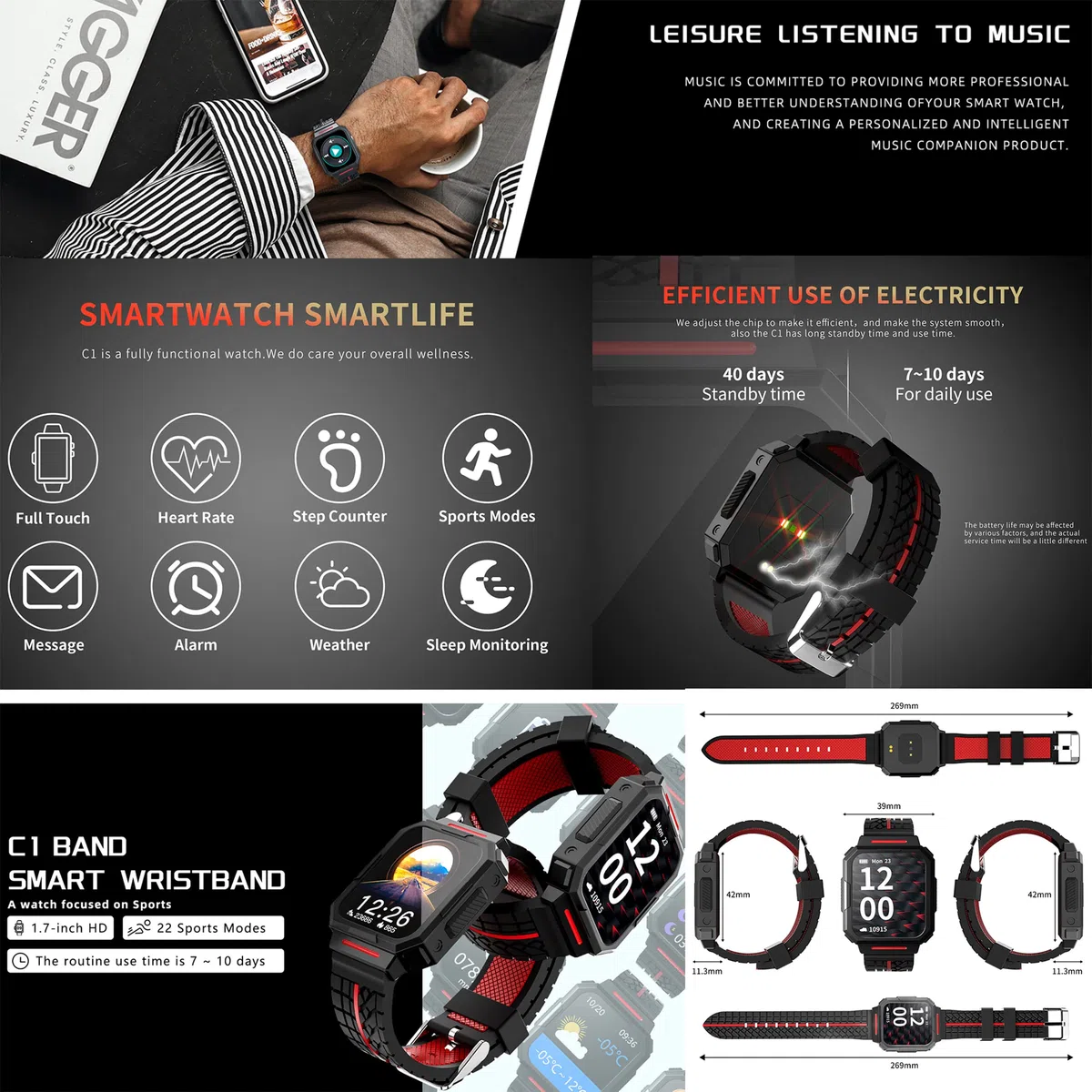 Smartwatch dla mężczyzn, 1,69 cala Wodoodporny IP68 Bransoletka Aktywność 22 Tryby Sportowe z Pulsometrem Monitora Uśpienia Monitora aktywności Stoper Kalorie Krokomierz dla Androida iOS