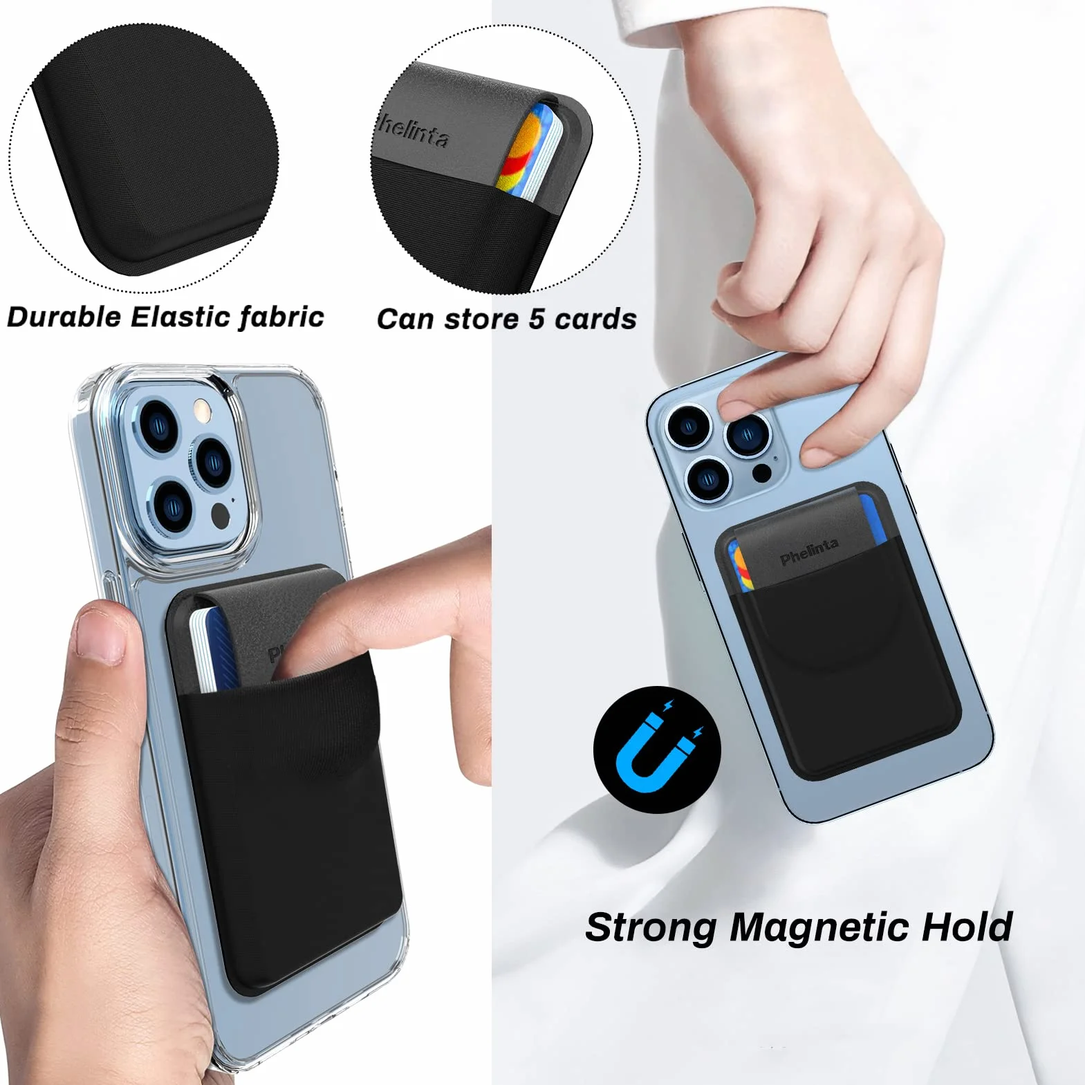 Phelinta Magnetic Wallet Kompatybilny z MagSafe Wallet dla iPhone 17/Air/16/15/14/13/12 Serii, Magnetyczny Portfel na Karty Kredytowe z Klapką, Przechowuj 5 Karty