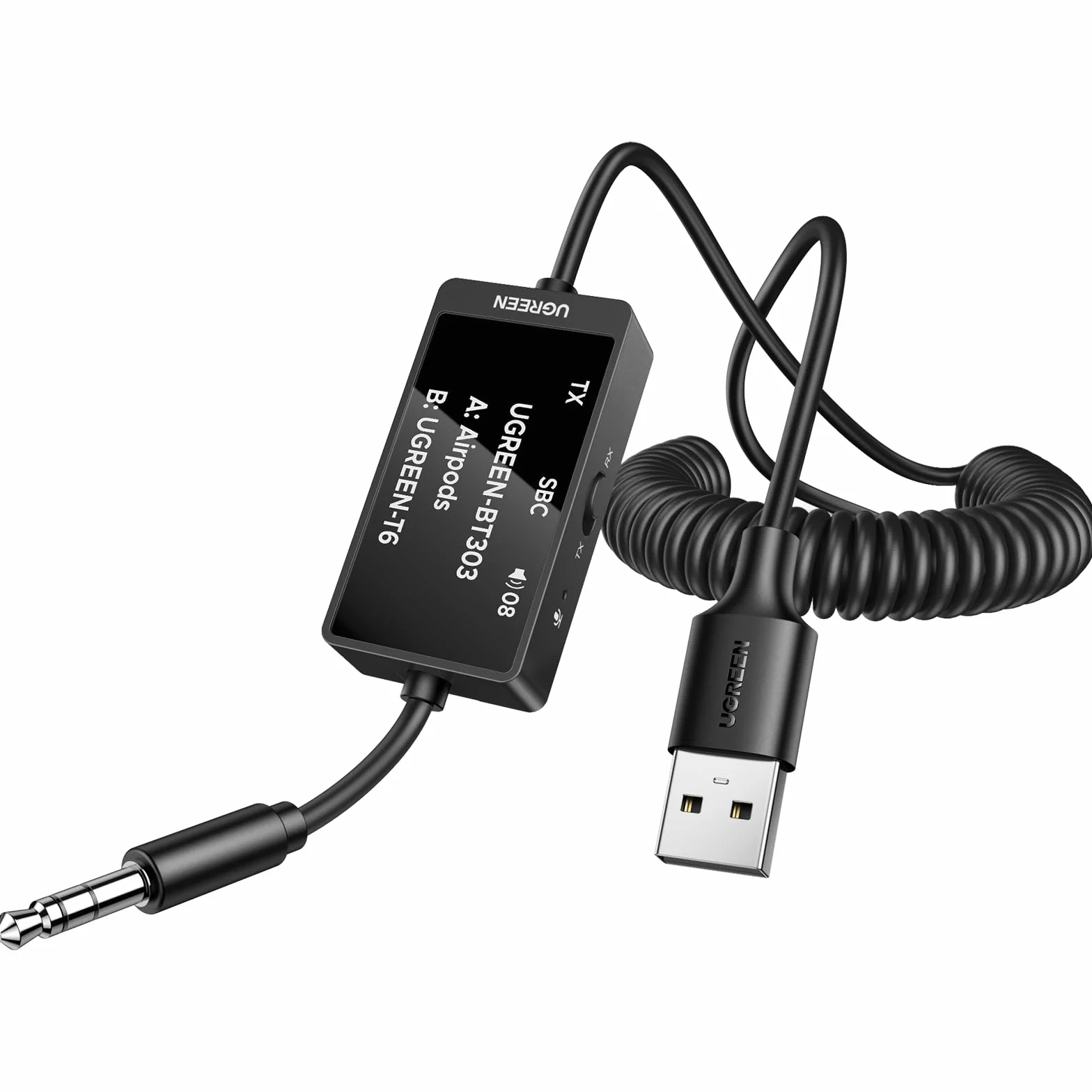 UGREEN Aux Bluetooth Adapter do samochodu 2w1 Jack Bluetooth Adapter z wyświetlaczem LED Odbiornik nadajnika Bluetooth do 2słuchawek, stereo, TV Odbiornik nadajnika Bluetooth do telefonu komórkowego