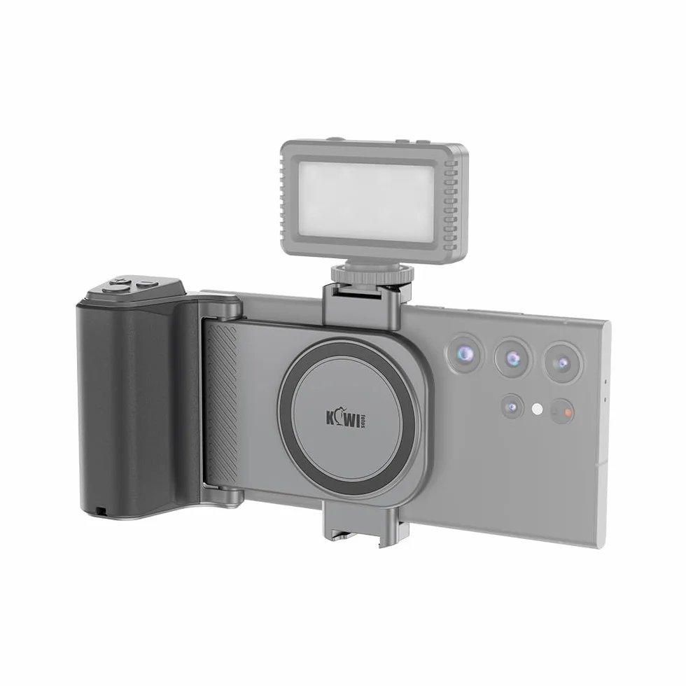 KIWIFOTOS Ulepszona kamera do smartfona, duży uchwyt, pasuje do dużej dłoni, odłączany pilot Bluetooth, nagrywanie wideo vloggera, zatrzaskowy uchwyt do telefonów iPhone Andriod, szerokość 59-85 mm