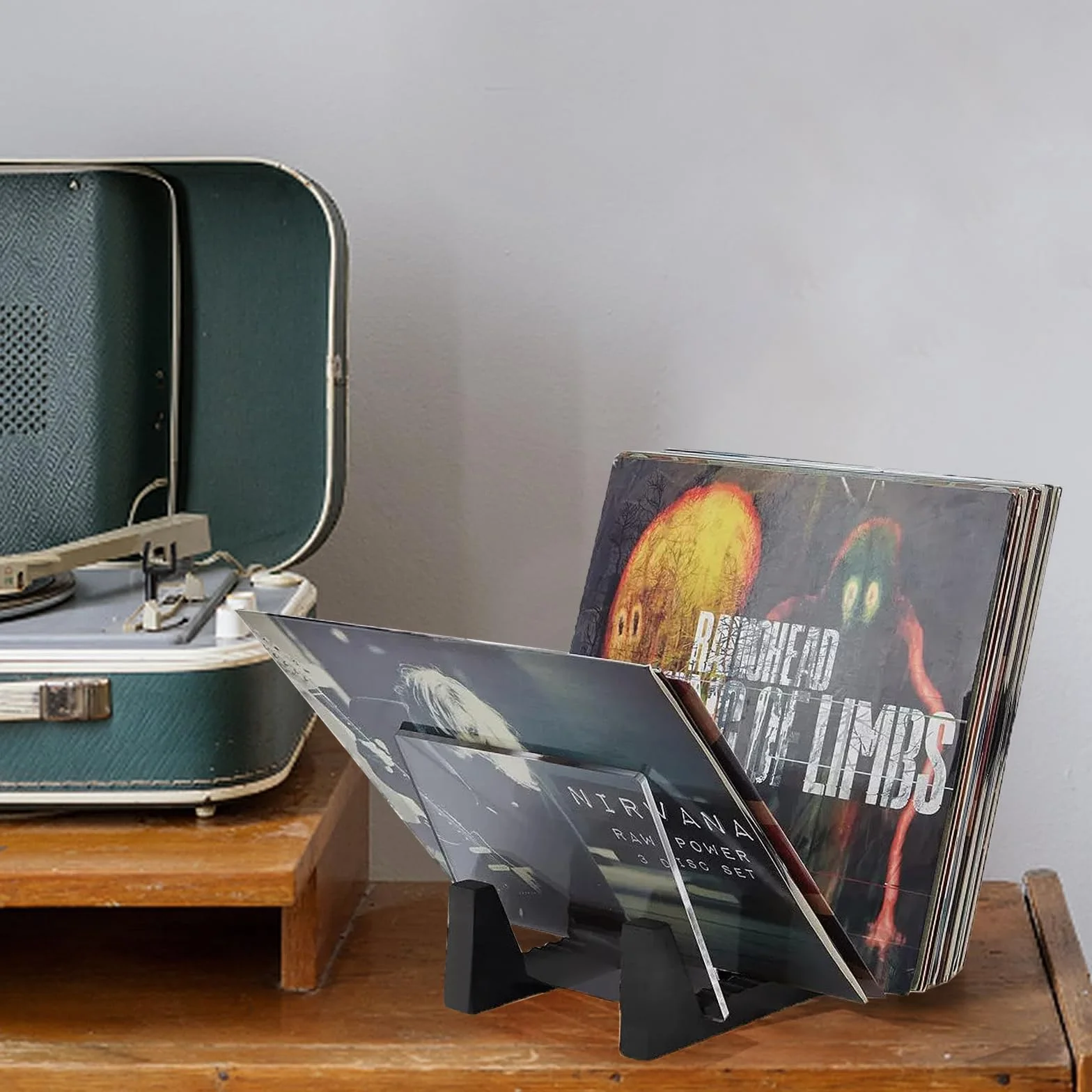 Winylowy organizer na płyty LP, płyta winylowa, stojak, przechowywanie do 50 albumów lub płyt CD, podstawa z litego drewna ze szkłem akrylowym, kolor czarny