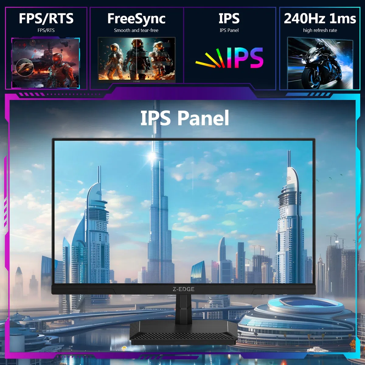 Z-Edge Monitor Gier 25'' 240Hz, Panel IPS, FHD 1080P, 1ms, FreeSync, LED PC Gamer Monitor, Regulowany Kąt Nachylenia, HDMI2.0 & DP1.4, VESA 100 * 100mm (Kabel HDMI w Zestawie)