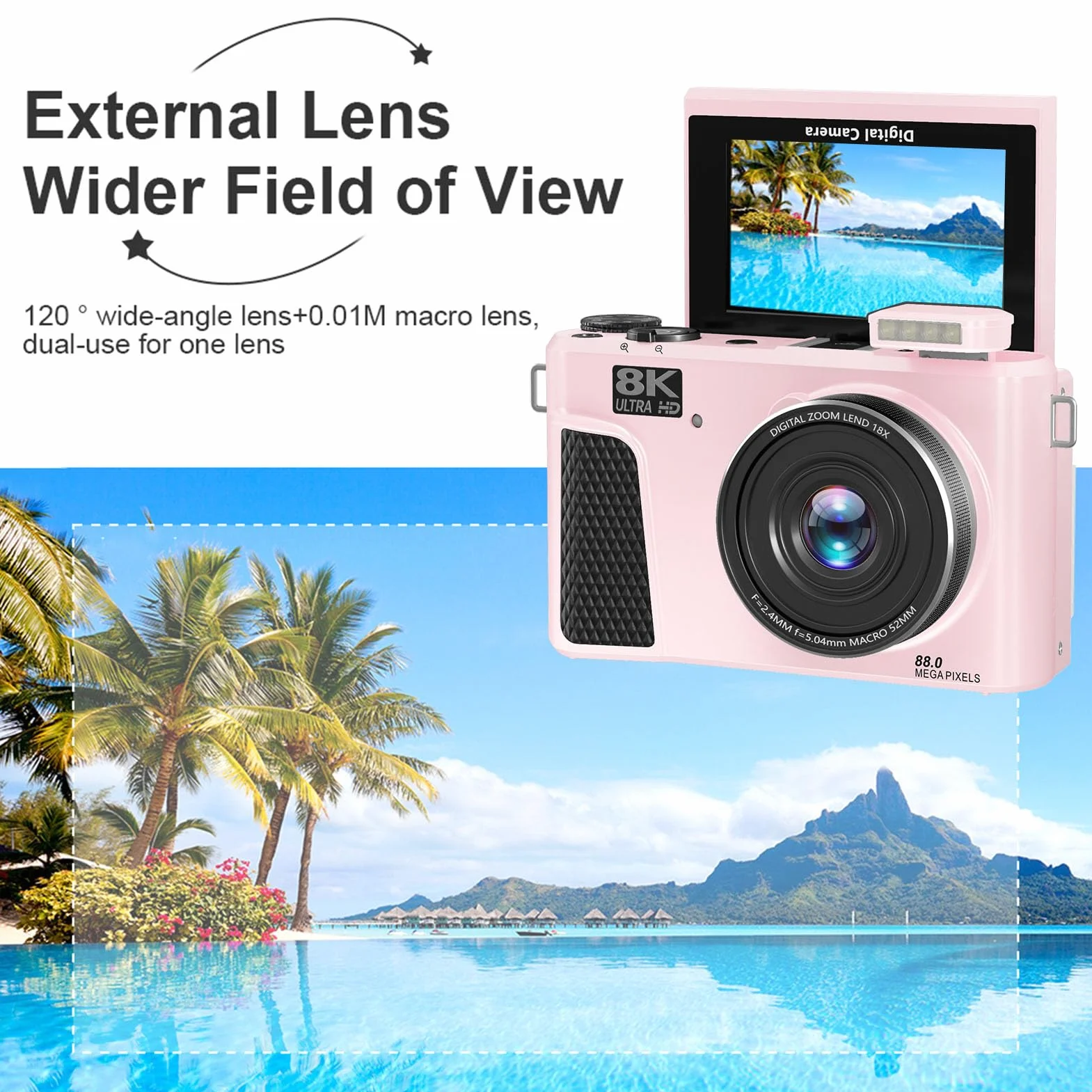 Fockety Kamera Cyfrowa 8K do Fotografii, Wi -Fi 88MP Autofocus Compact Camera z 3 -calowym Ekranem Klapki, 18x Cyfrowy Zoom i Bateria dla Początkujących, Nastolatków, Dorosłych (PINK)