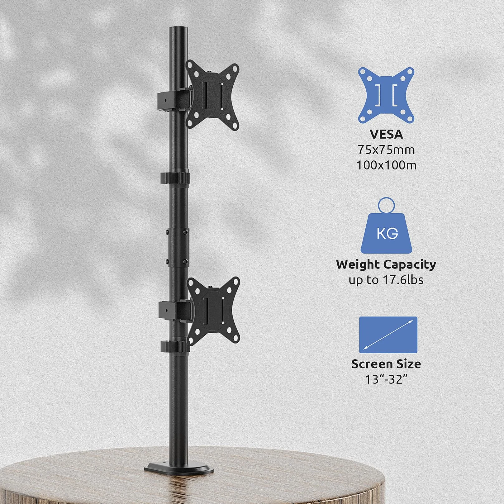 PUTORSEN Podwójny stojak na monitor, bardzo wysoki, 80 cm, pionowy uchwyt na monitor do monitorów 17-32 cali do 9 kg z obrotowym obrotem nachylenia, VESA 75 x 75-100 x 100 mm, PTMA66-L