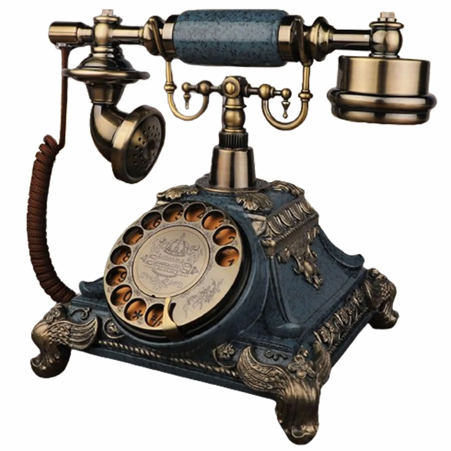 Telefon, retro telefon obrotowy, antyczny telefon stacjonarny z tarczą obrotową, klasyczny telefon stacjonarny, staromodne telefony stołowe do wystroju domu i biura, niebieski