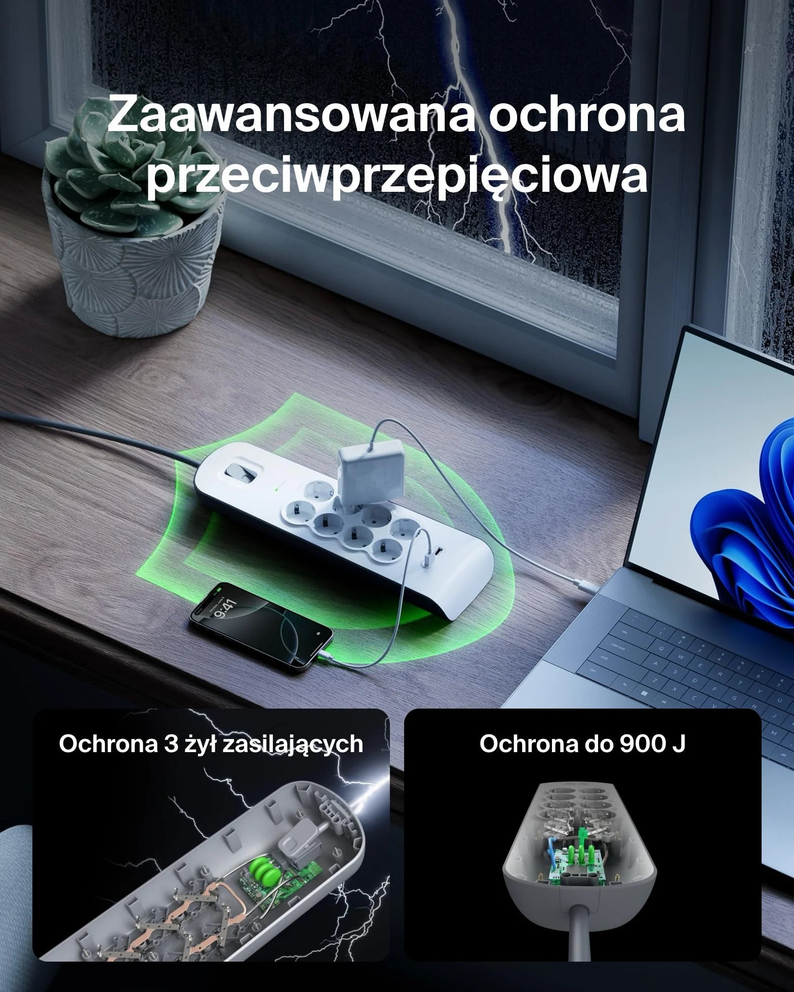 Belkin 8-gniazdowa listwa antyprzepięciowa z portami USB, 8 zabezpieczonych gniazd AC i 2 porty ładowania USB-A o natężeniu wyjściowym 2,4 A, 2-metrowy przedłużacz, listwa zasilająca do domu i biura