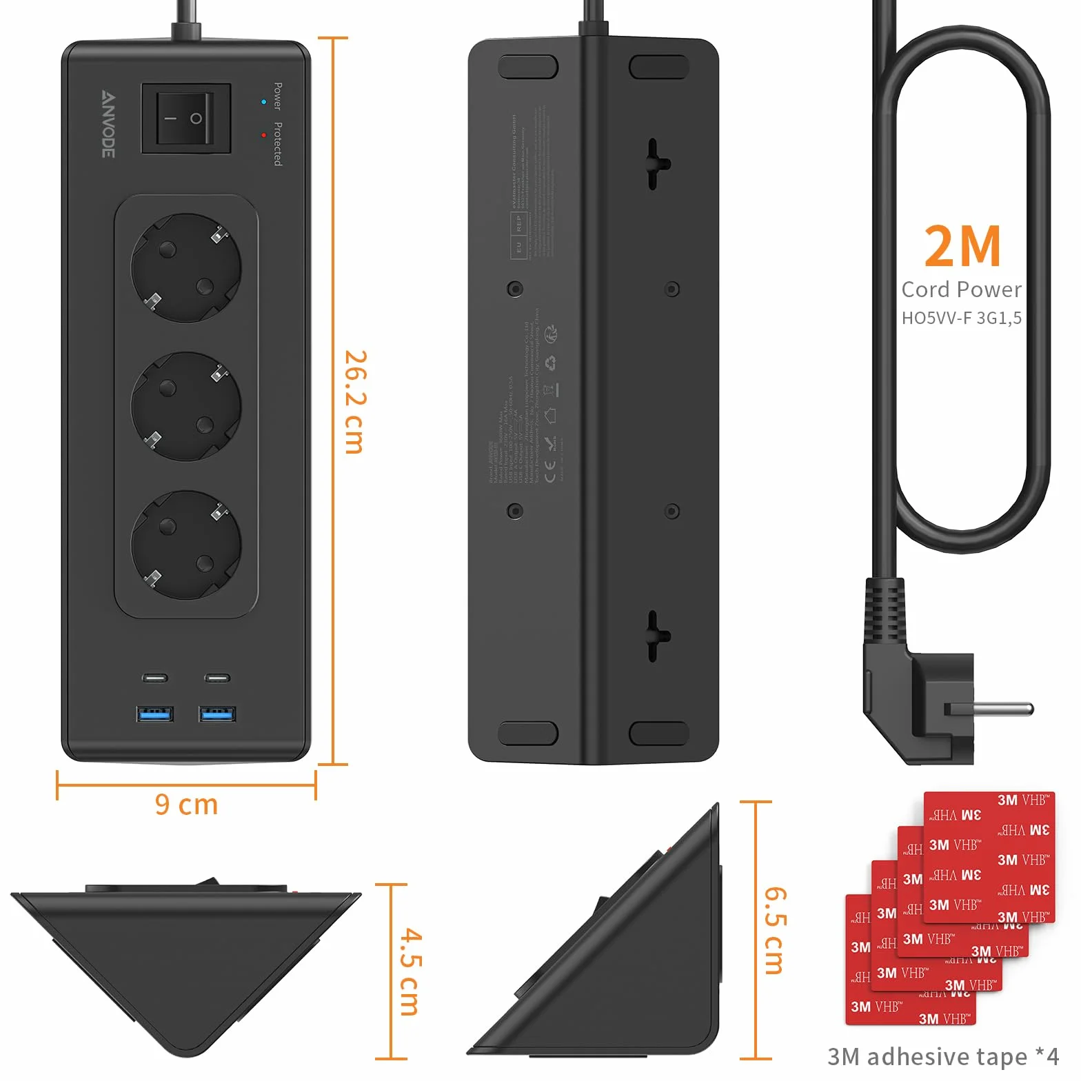 Narożne gniazdo wtykowe z USB i 2 Type-C, 3-gniazdowa narożna listwa zasilająca z przełącznikiem, wielogniazdowa listwa zasilająca z ochroną przed przeciążeniem do kuchni, kabel 2M