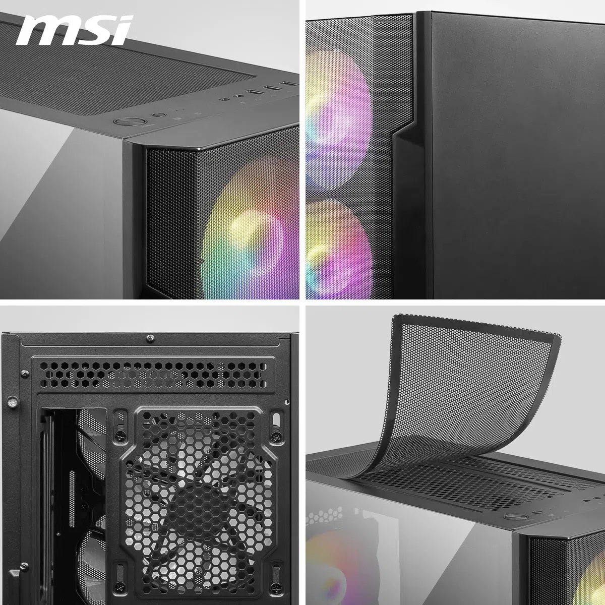 MSI MAG FORGE M100R Mini Tower obudowa PC, szkło hartowane, obsługuje Micro-ATX i Mini-ITX, Mesh Front, 4 x wentylator ARGB 120 mm z kontrolerem koncentratora, magnetyczny filtr kurzu, USB 3.2 Gen 1