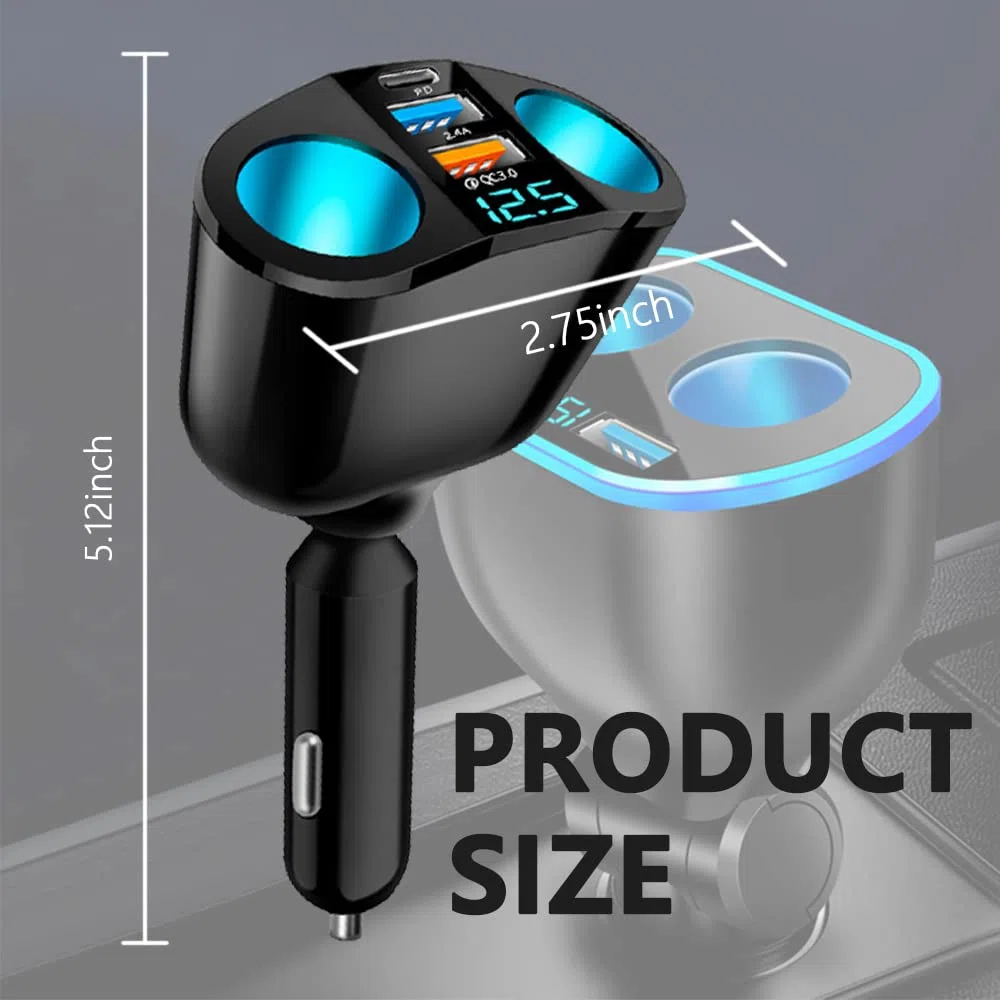 Super szybki 5-portowy rozgałęźnik zapalniczki samochodowej QC3.0 i PD 20 W z podwójnym gniazdem zapalniczki z woltomierzem LED kompatybilny z iPhone 14 Pro, iPadem, kamerą pokładową GPS (PD+QC+2,4A)