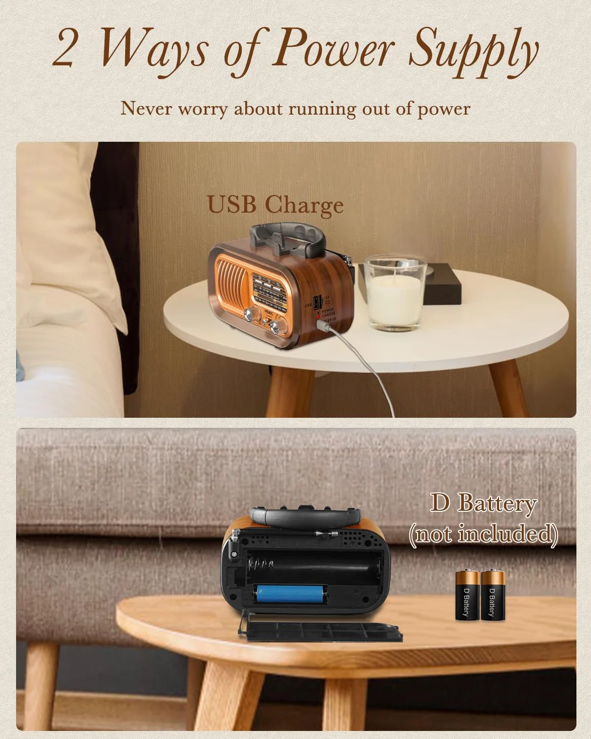PRUNUS J-150 Vintage Radio AM/FM/SW z akumulatorem 1200 mAh i bateriami D, miniradio w stylu vintage retro, tranzystor radiowy kompatybilny z Bluetooth/USB/TF