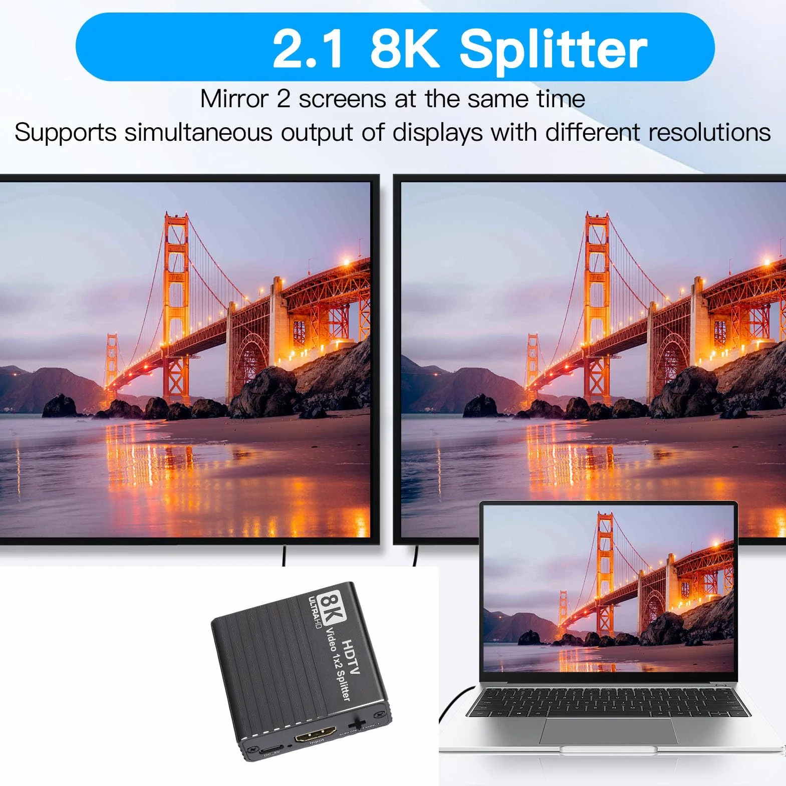 Bewinner Rozdzielacz HDMI 2.1 8K 60Hz 4K 120Hz 1 Wejście 2 Wyjścia