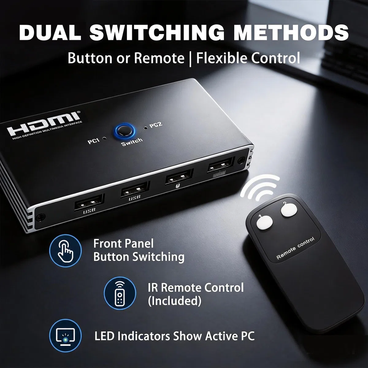 Przełącznik KVM HDMI 2 Komputery 1 Monitor 4K 60Hz USB-A Dla Win/Mac/Linux | Plug&Play, porty USB 2.0, kompatybilność z systemami Windows/Mac/Linux, idealne do gier i pracy zdalnej, stabilne i trwałe