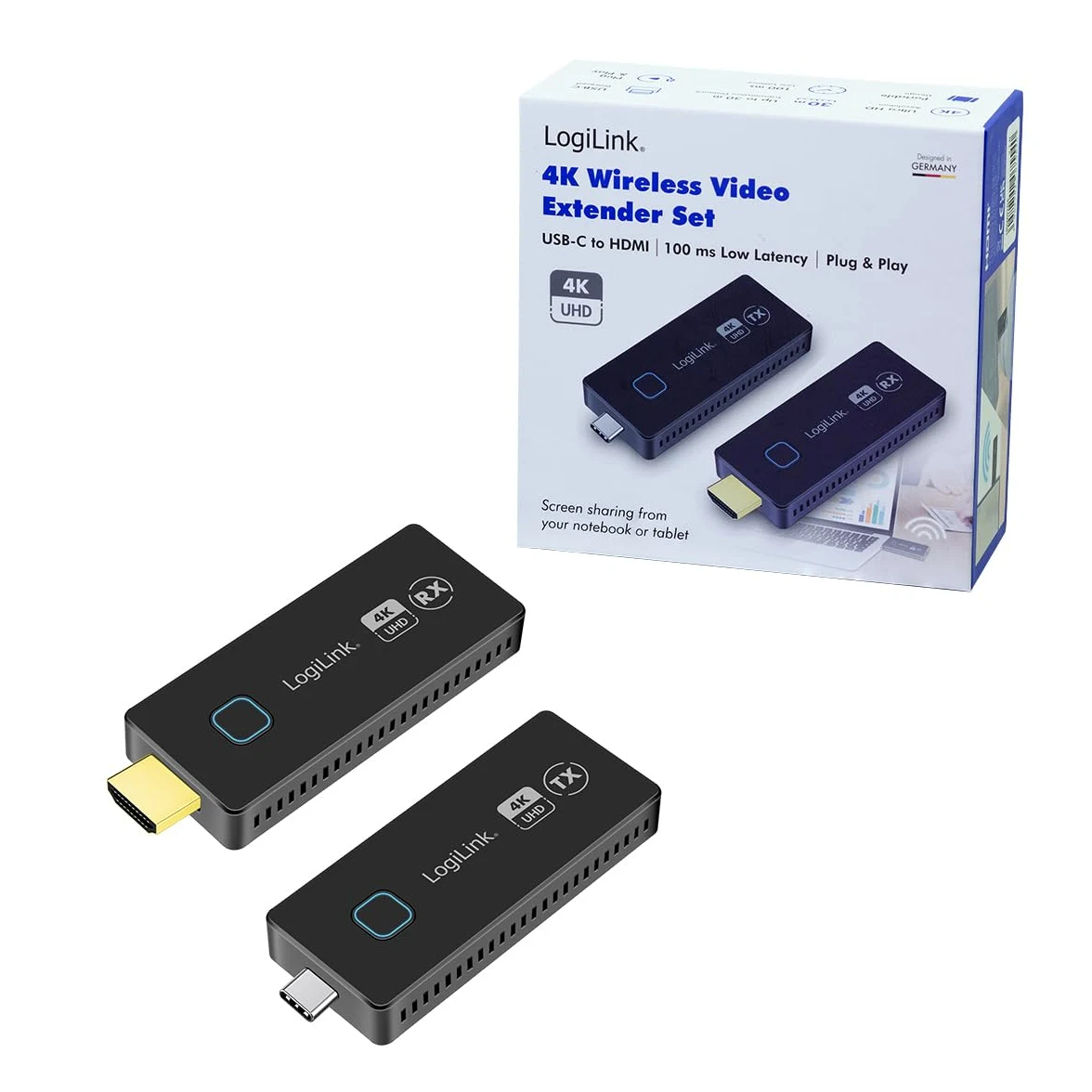 LogiLink HDW0104 - zestaw do transmisji HDMI, USB-C na HDMI, kompaktowy, bezprzewodowy, 30 m, 1zu1, 4K 60 Hz dane/wideo łatwe wyświetlanie/udostępnianie danych na telewizorze za pomocą WLAN HDMI