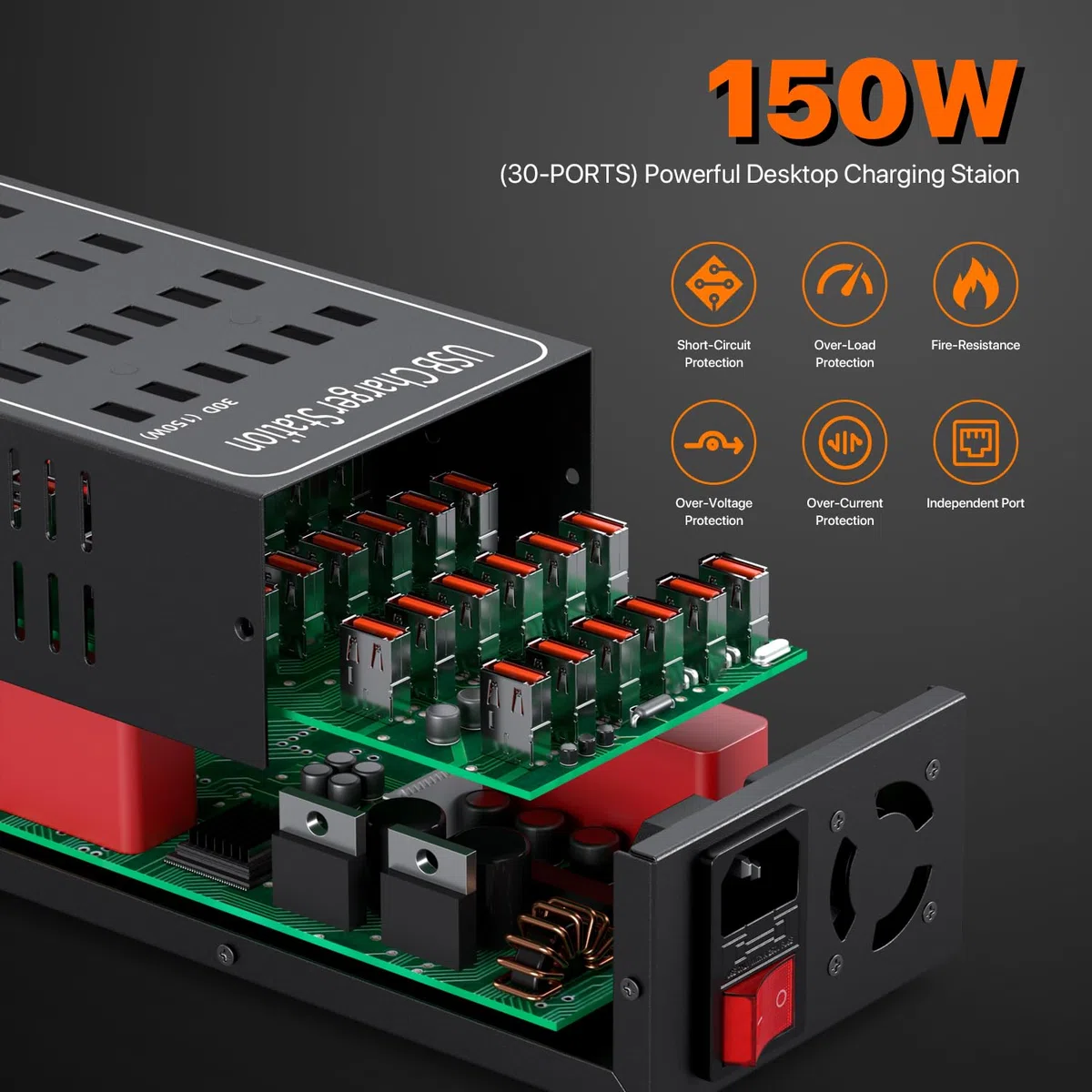 Ładowarka USB, 30 portów, 150 W/30 A, stacja ładująca, adapter sieciowy, ładowarka USB-A, hub, ładowarka ścienna, wtyczka sieciowa, kompatybilna z iPhone/Samsung/Google/tabletem itp.