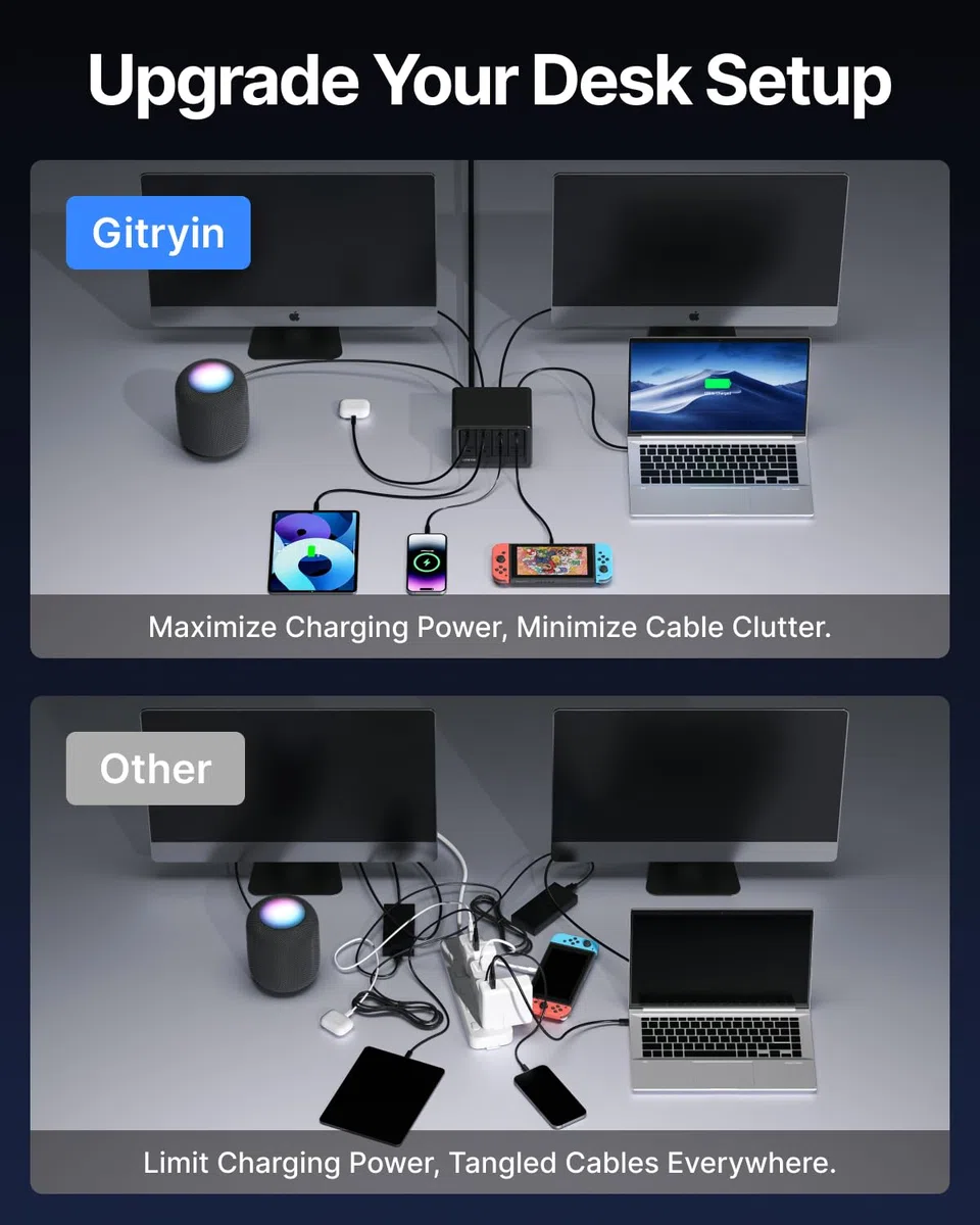 Gitryin Stacja ładująca 12 w 1 z 4 wysuwanymi ładowarkami ściennymi typu C, listwa zasilająca USB-C 40 W z płaską wtyczką, przedłużacz z ochroną przeciwprzepięciową 1020J, do domowego biura